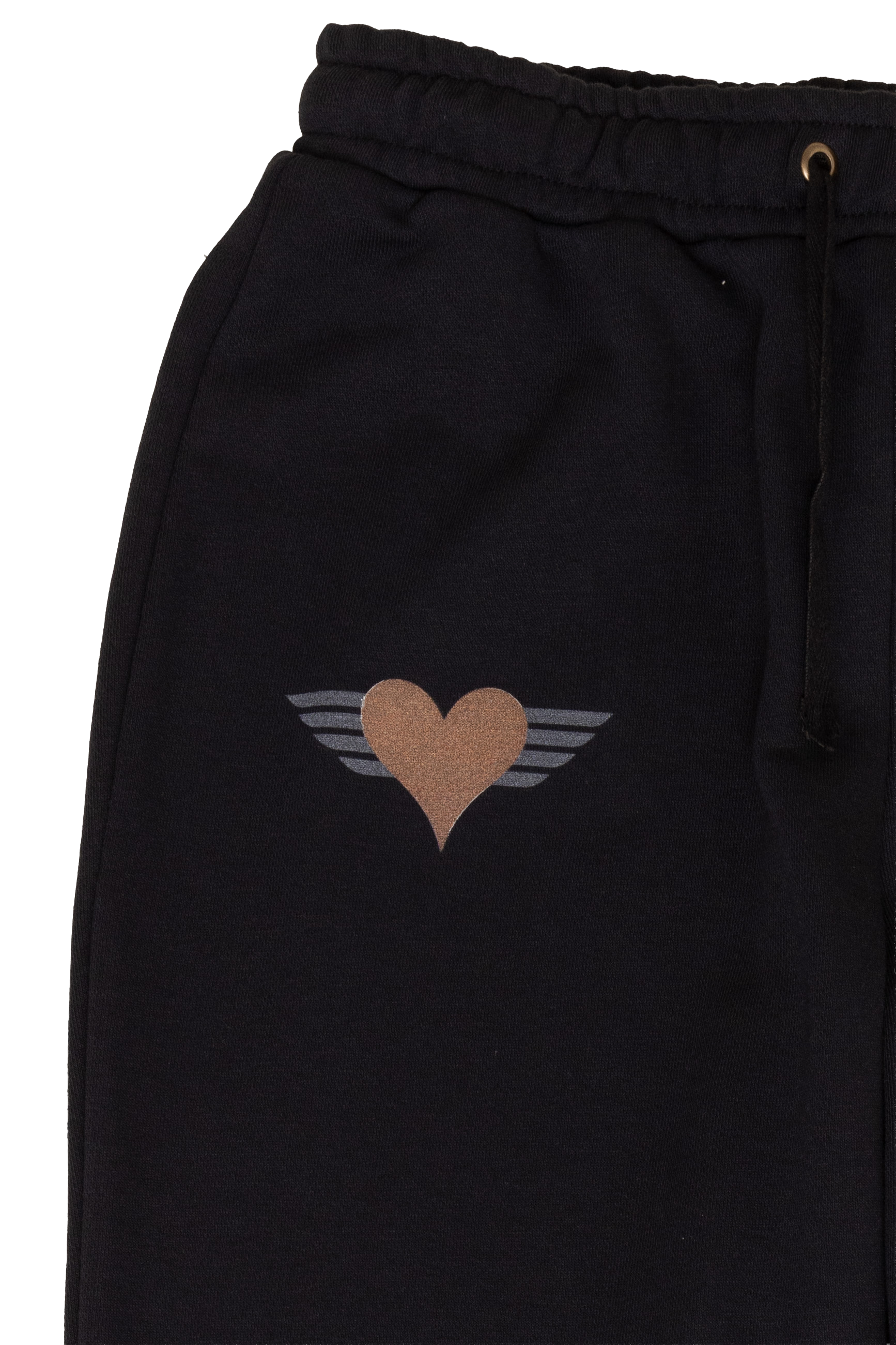 Black pants with a heart and wings design on a white background