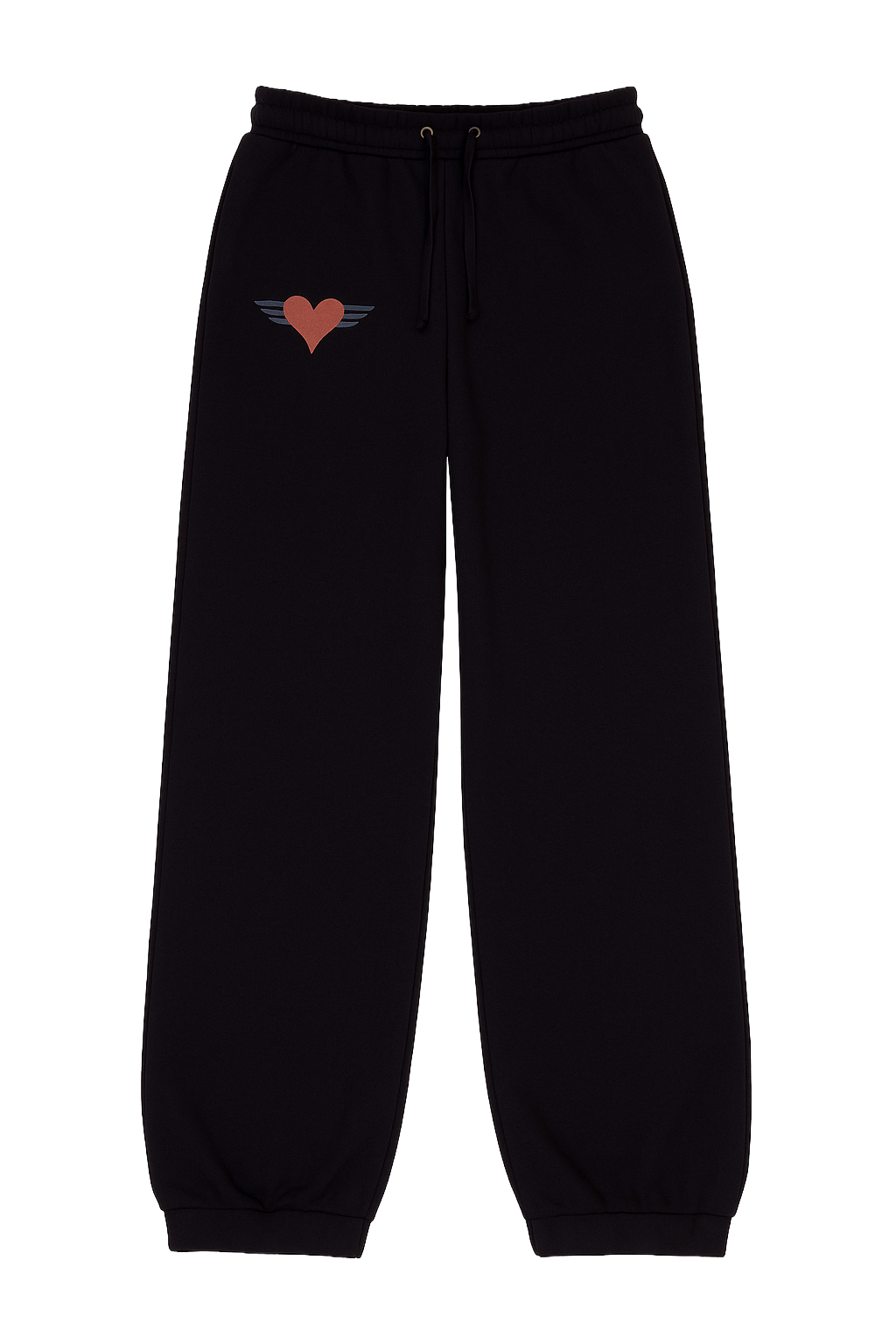 Black sweatpants with a heart design on a white background