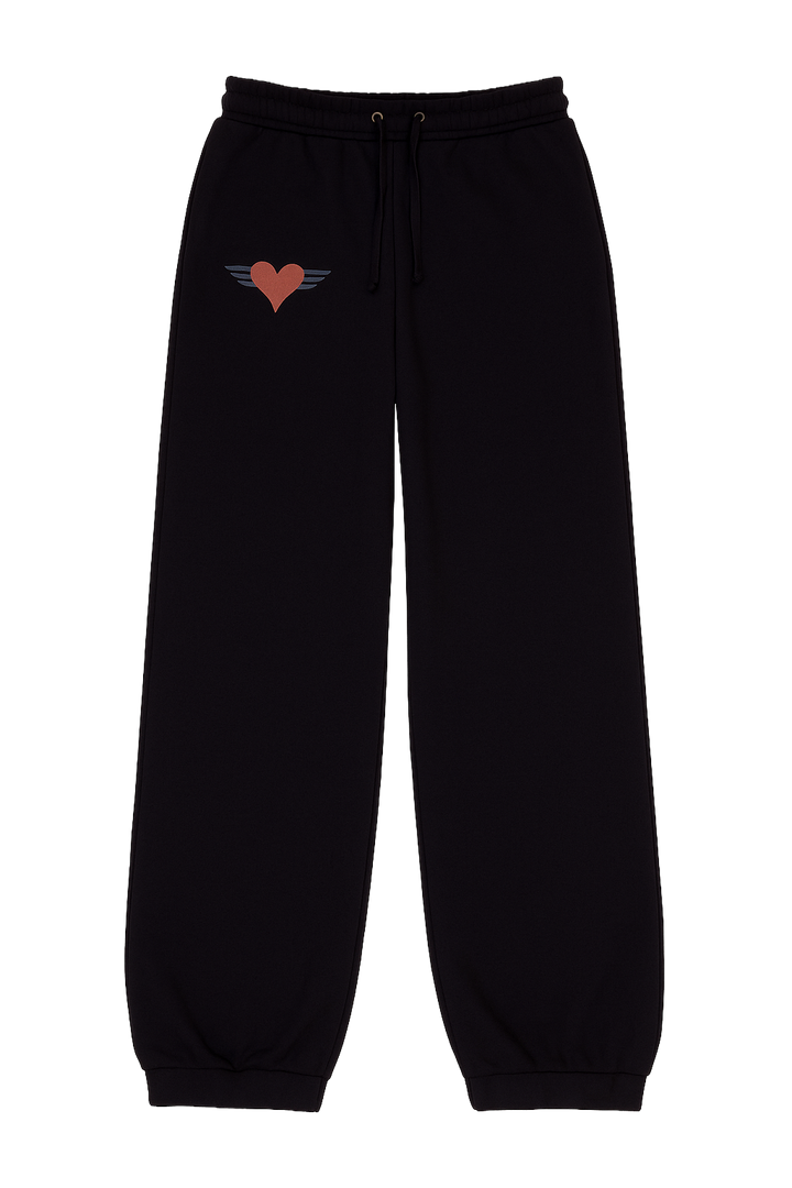 Black sweatpants with a heart design on a white background