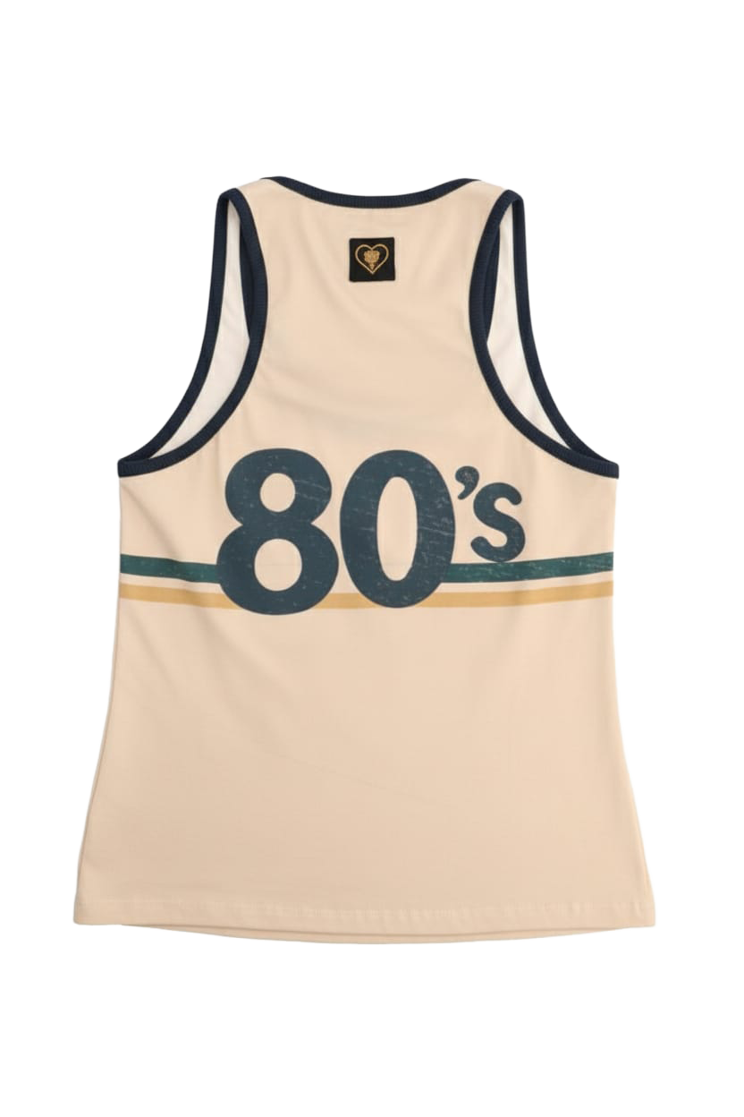 Beige tank top with '80s' text on a white background