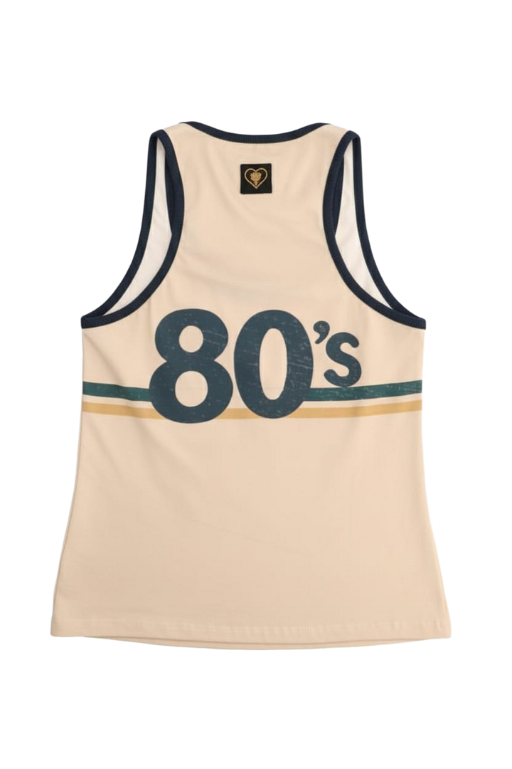 Beige tank top with '80s' text on a white background