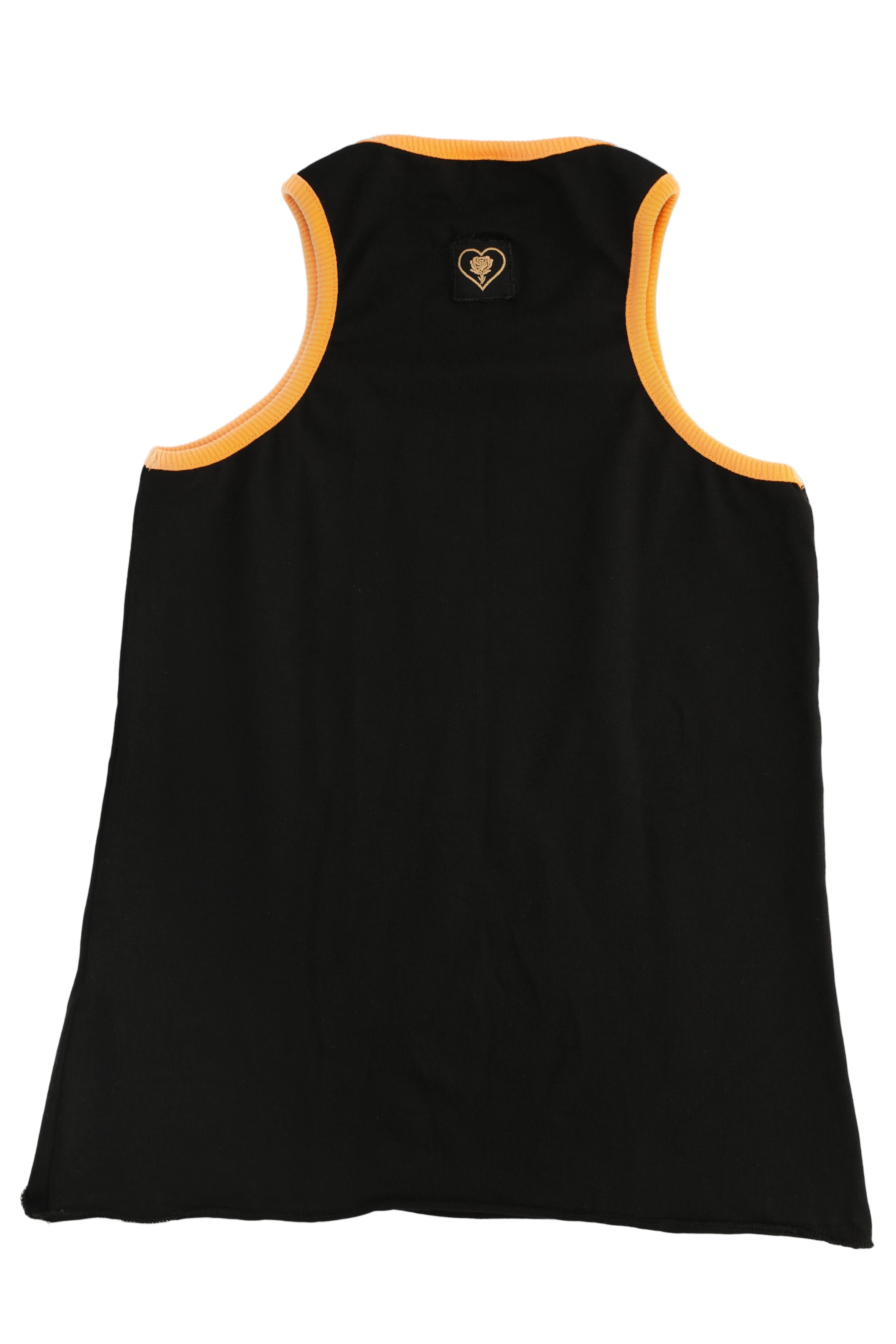 Black tank top with yellow trim on a white background
