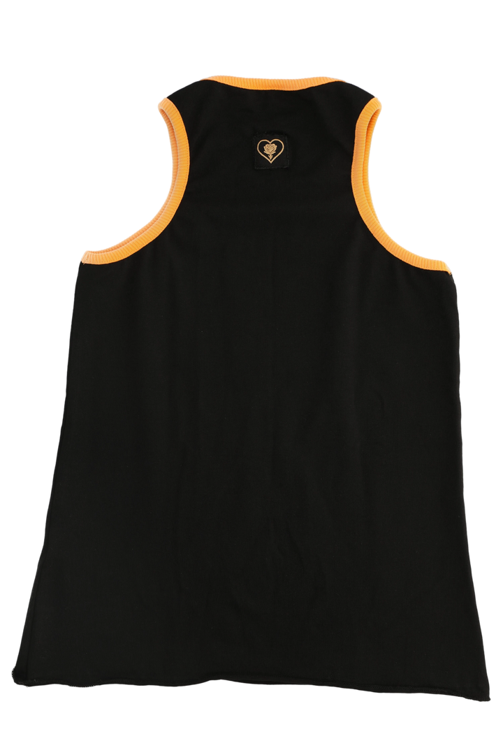 Black tank top with yellow trim on a white background