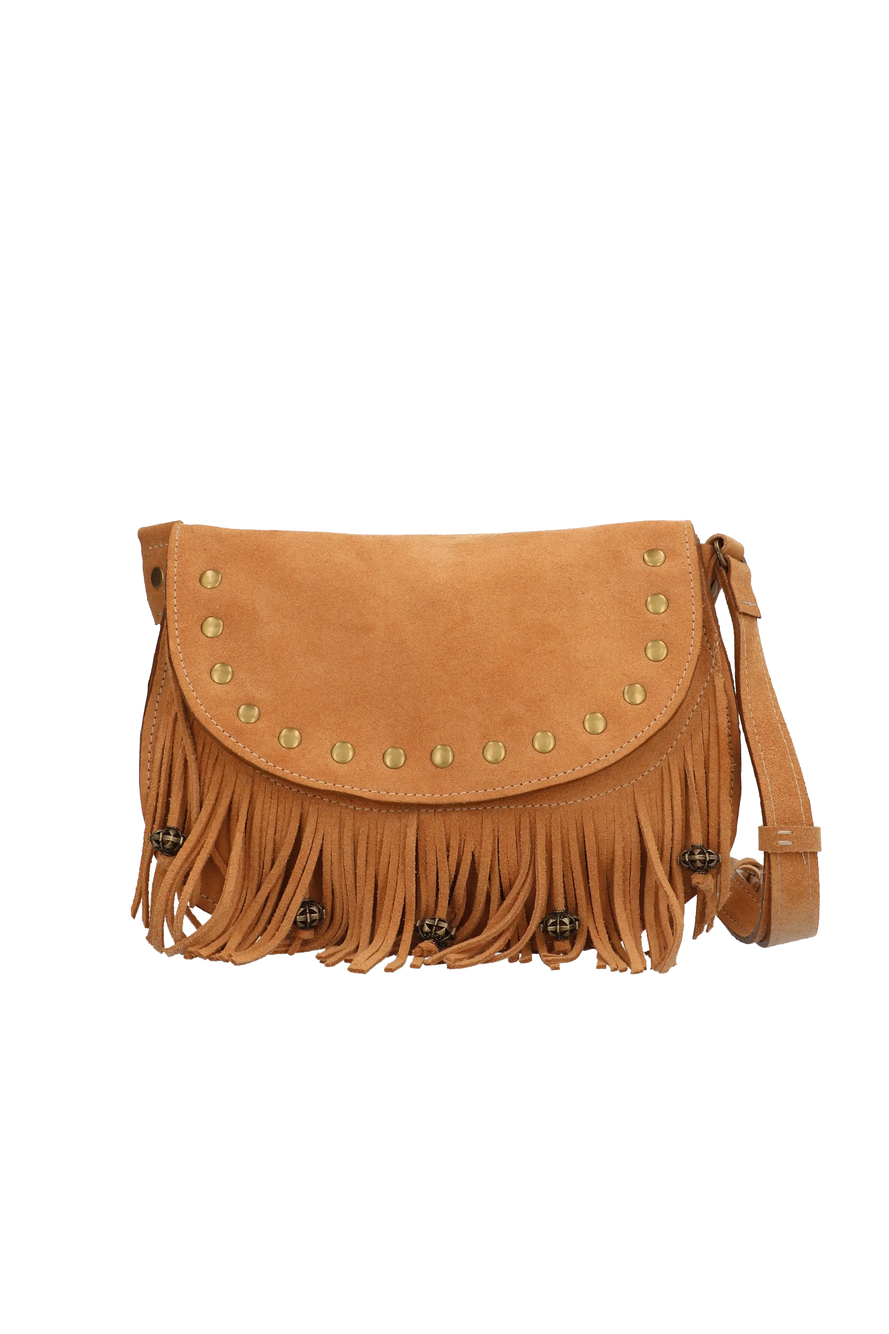 Brown suede handbag with fringe and gold studs on a white background
