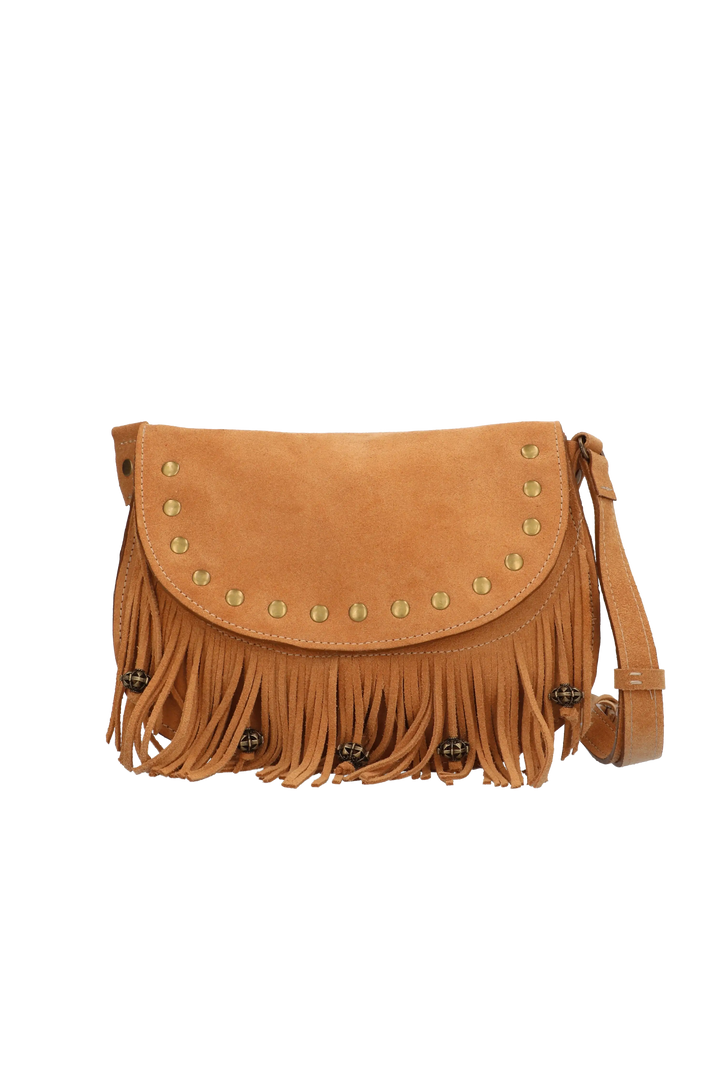 Brown suede handbag with fringe and gold studs on a white background