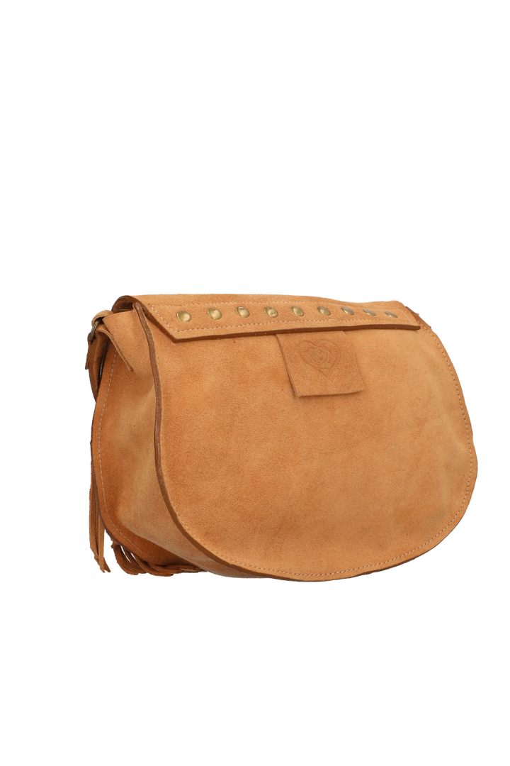 Brown leather saddle bag on a white background