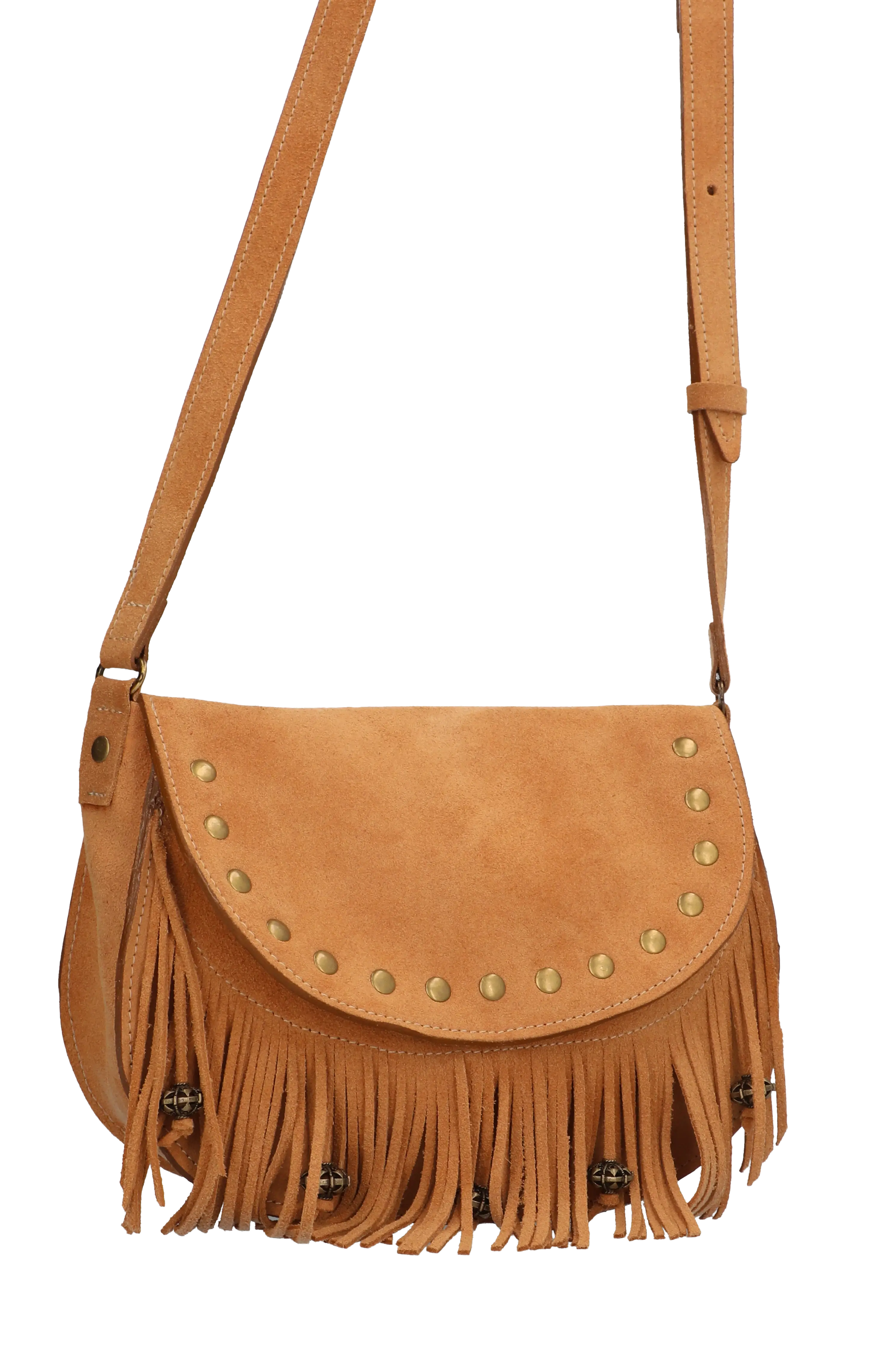 Brown suede handbag with fringe and gold studs on a white background