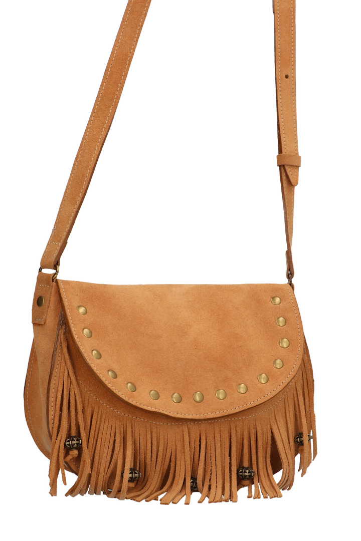 Brown suede handbag with fringe and gold studs on a white background