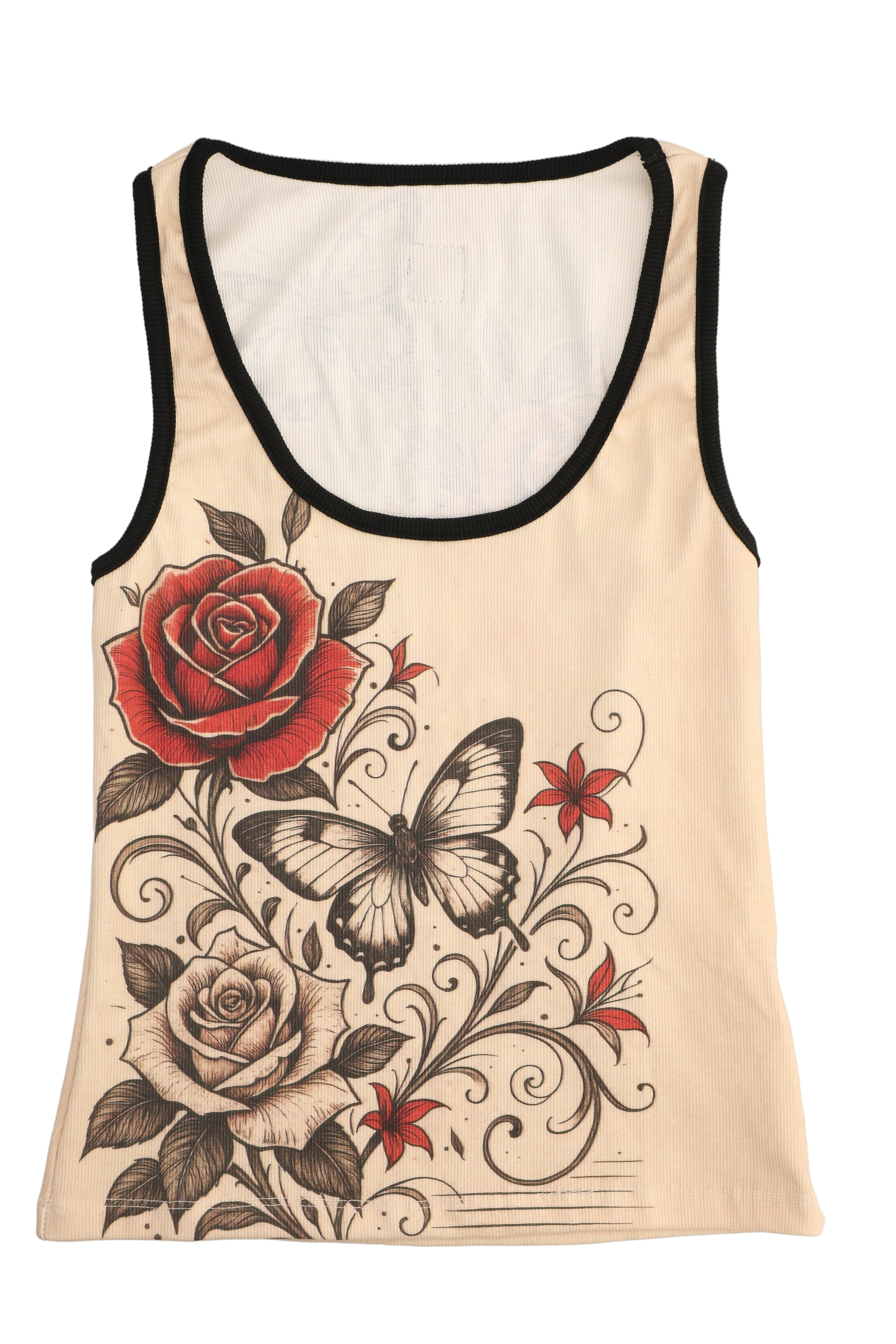 Beige tank top with red and black floral designs on a white background