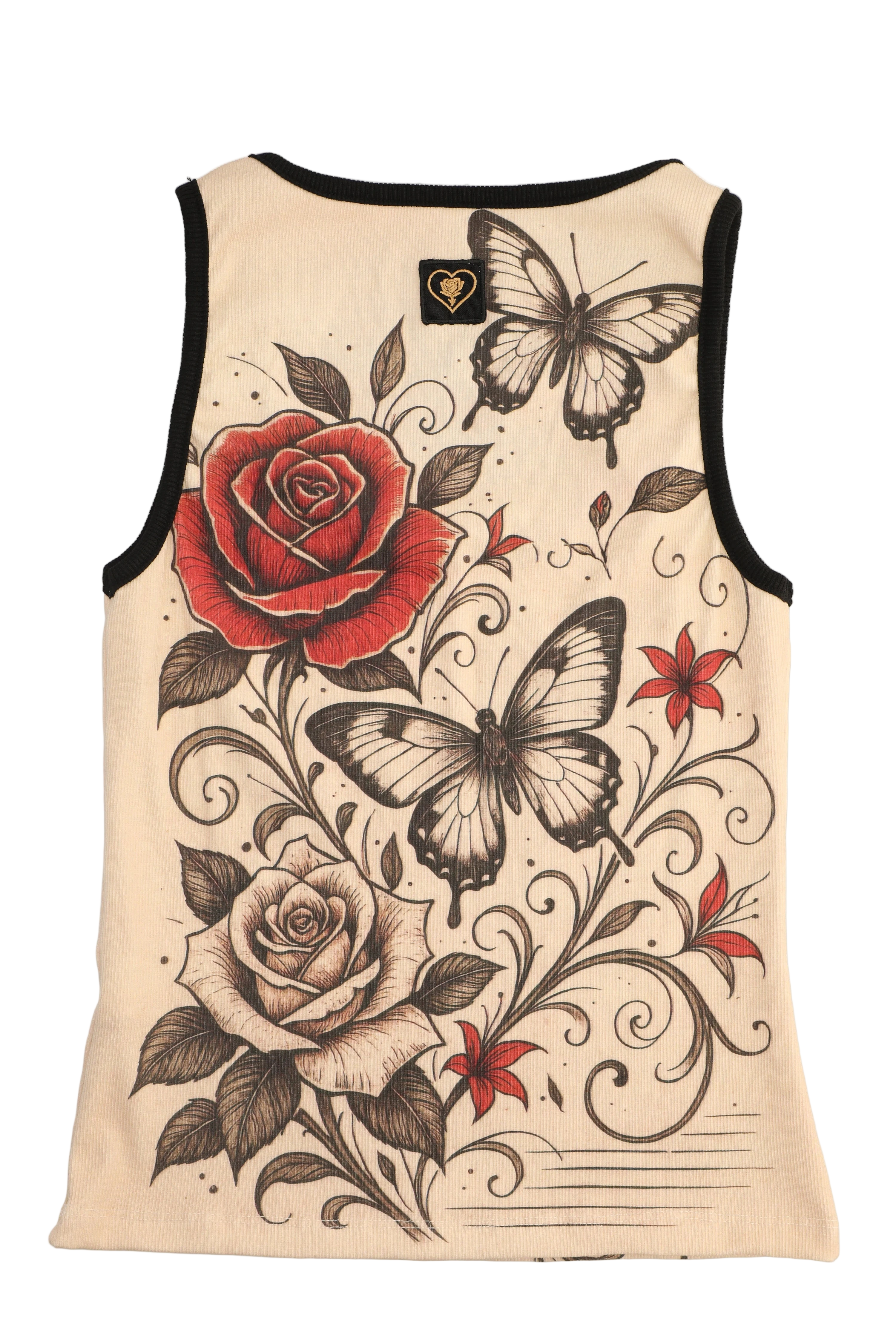 Beige tank top with red roses and black butterflies on a white background