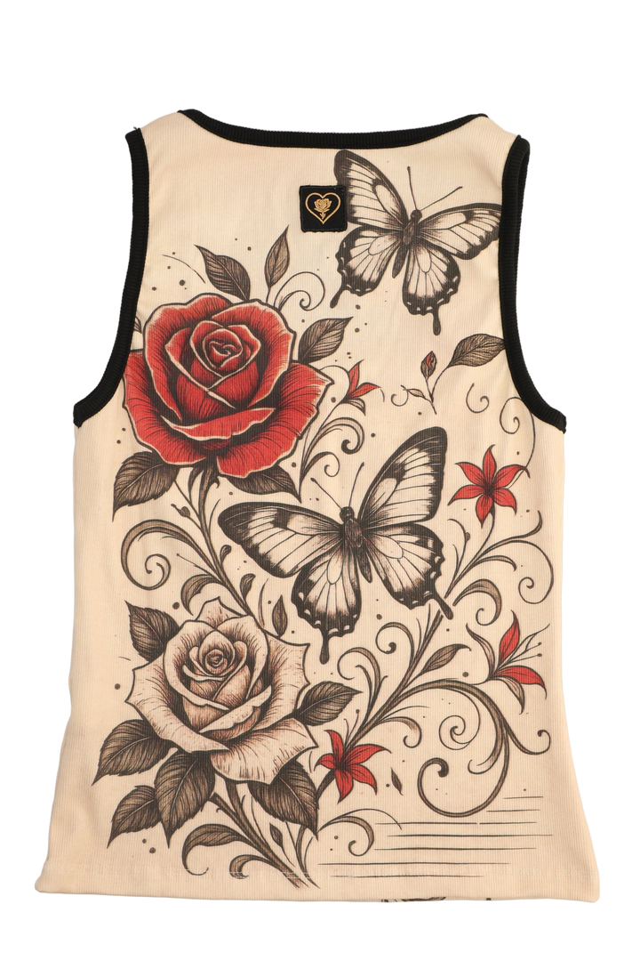 Beige tank top with red roses and black butterflies on a white background