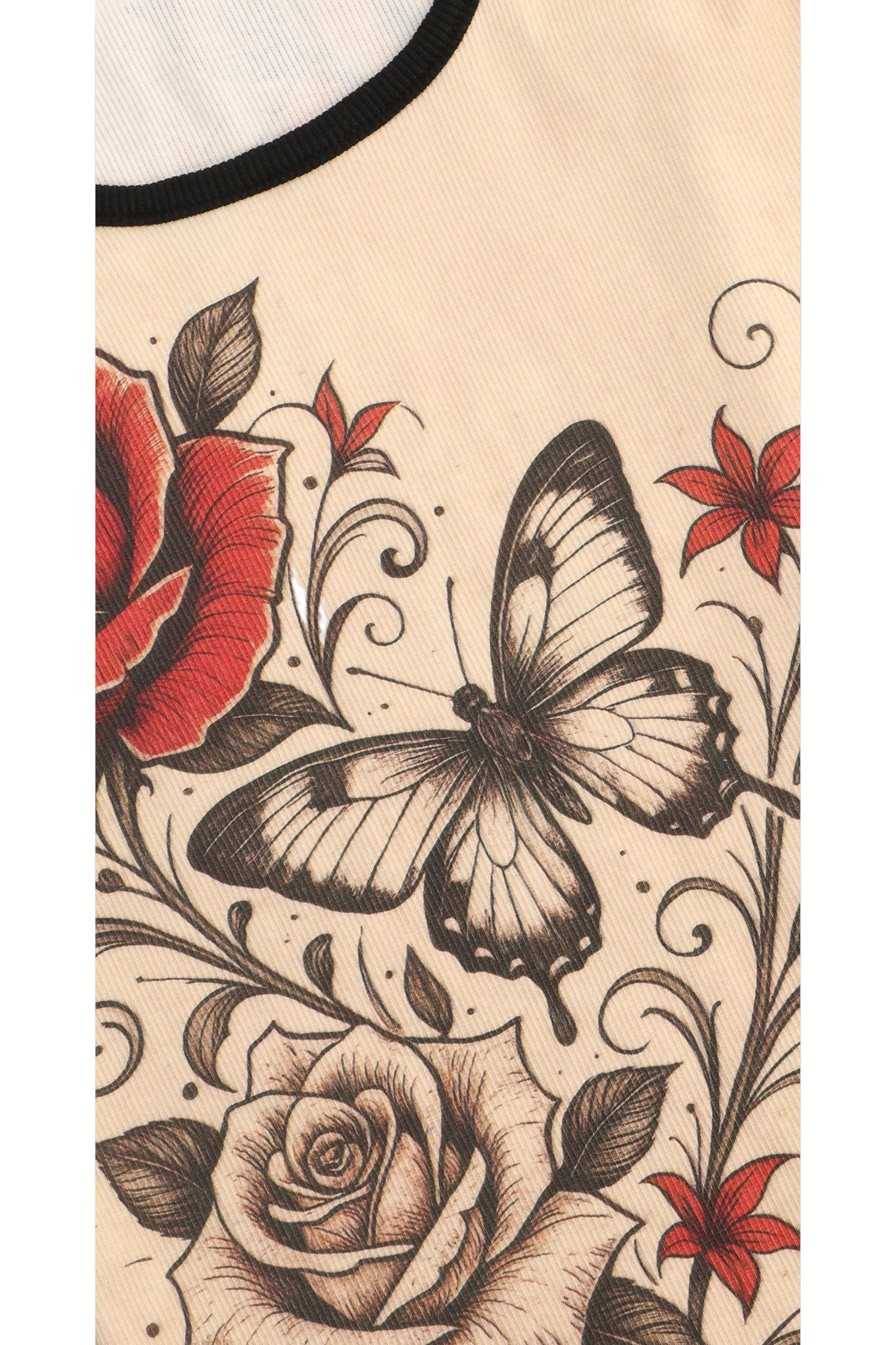 Tattoo-style design with butterfly and roses on a beige background