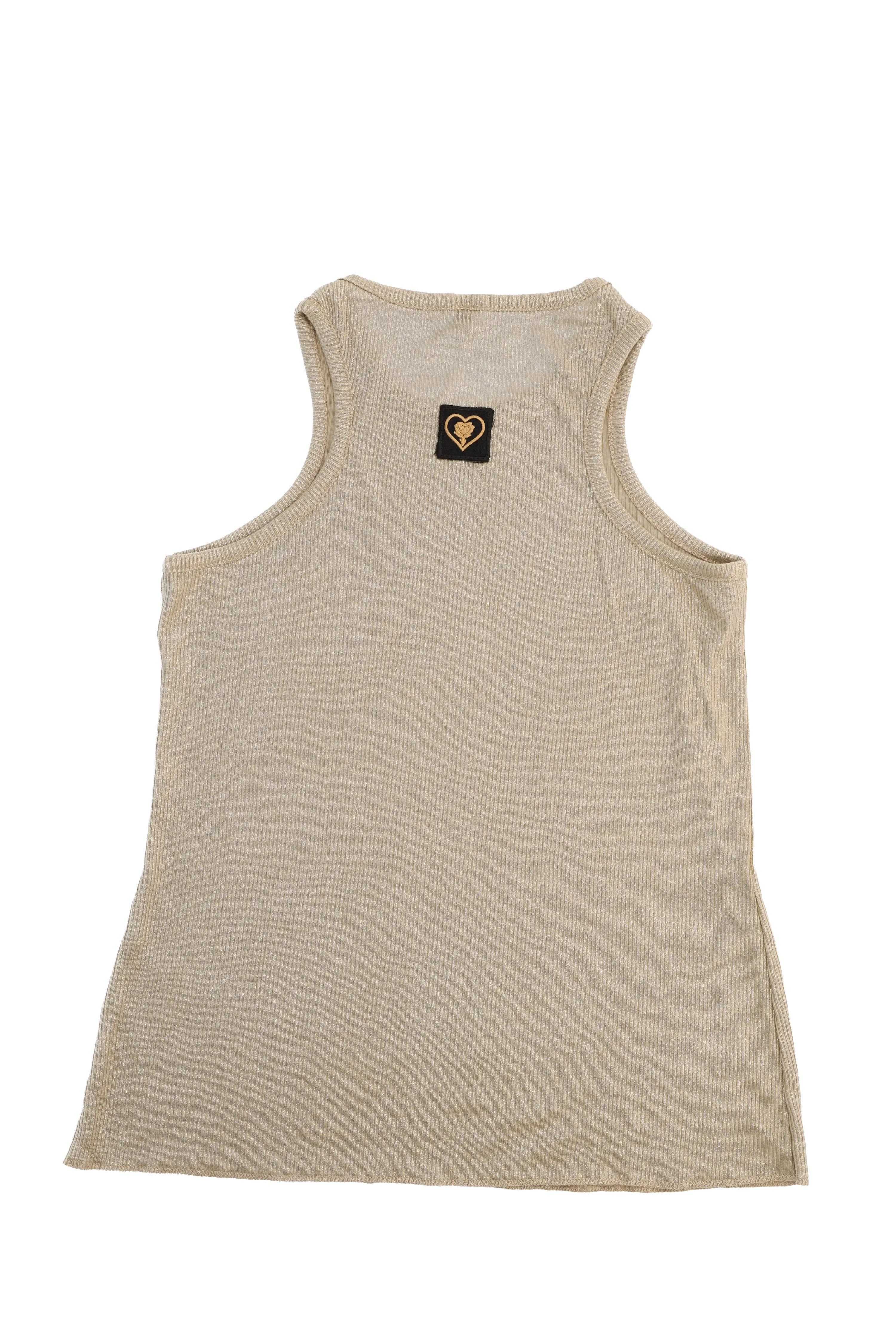 Beige tank top with a small logo on the chest against a white background