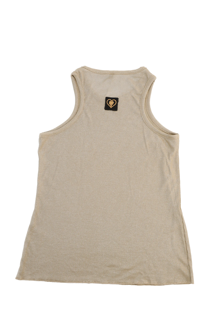Beige tank top with a small logo on the chest against a white background