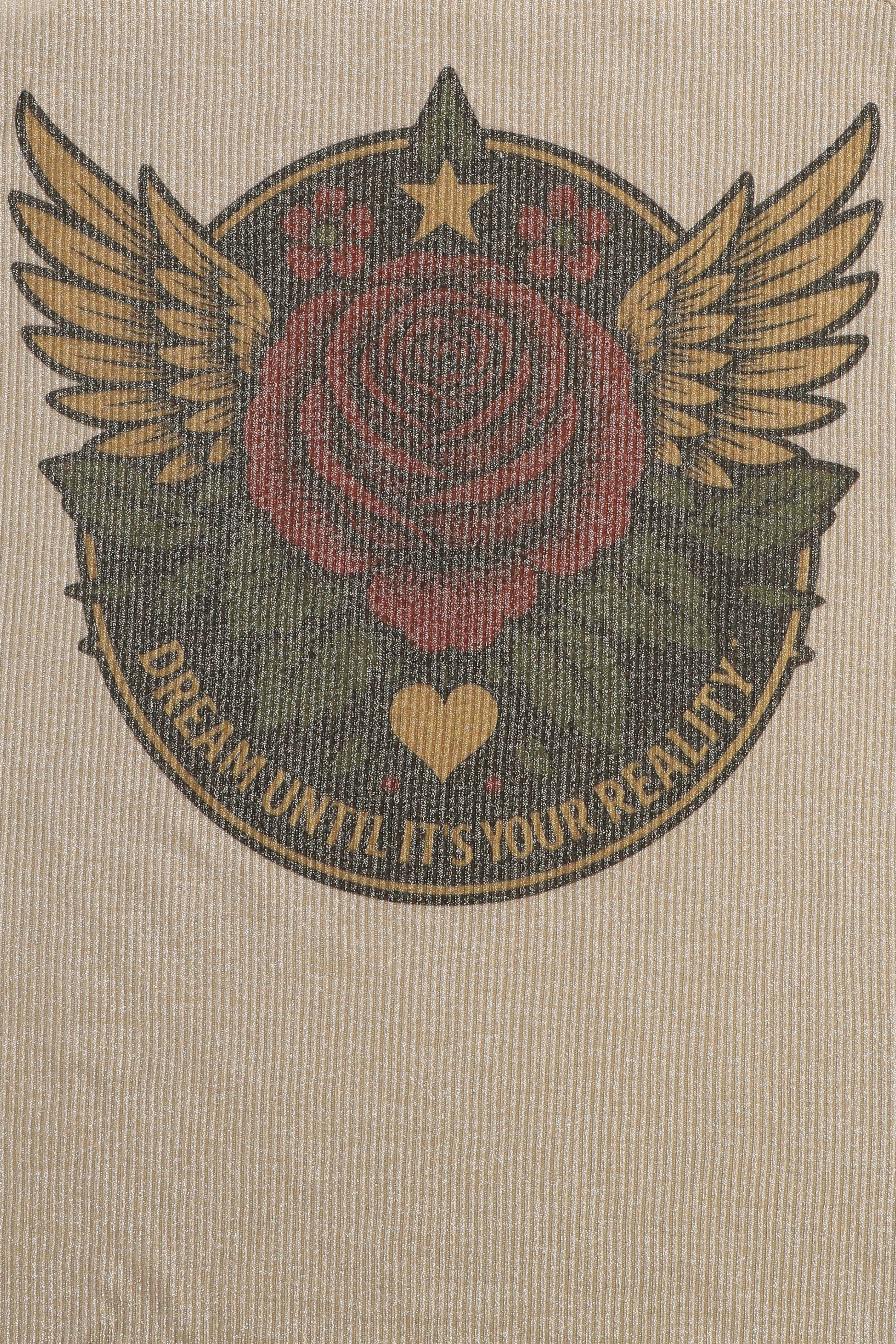 Decorative emblem with wings, rose, heart, and text on a textured beige background