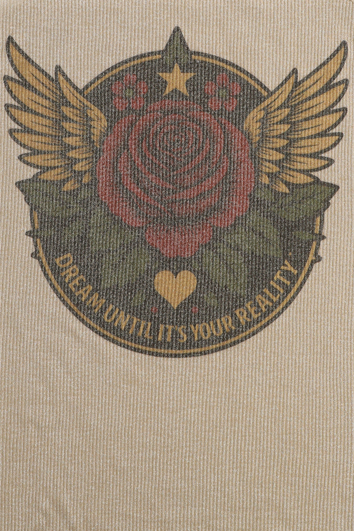 Decorative emblem with wings, rose, heart, and text on a textured beige background