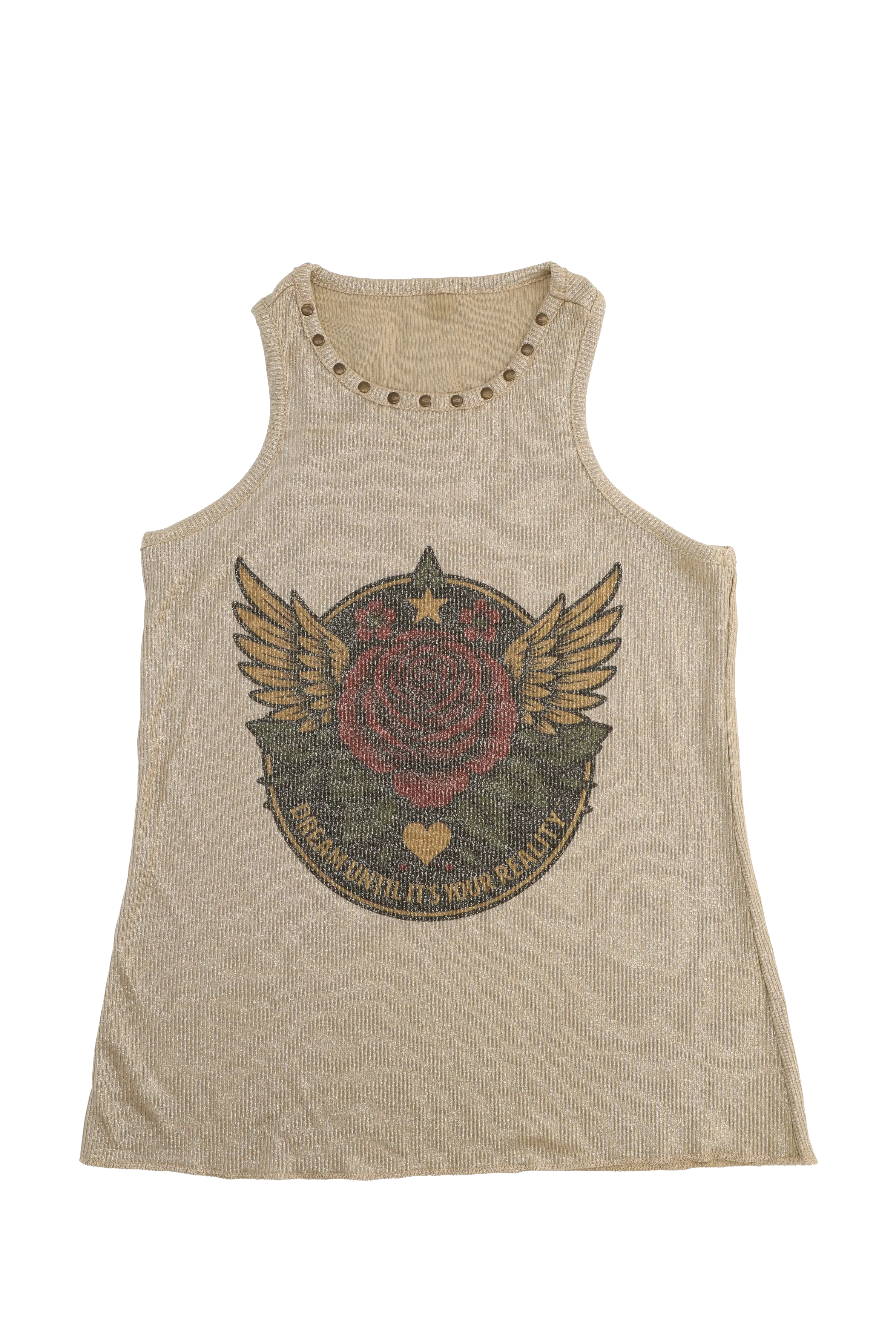 Beige tank top with graphic design on a white background