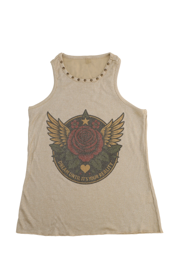 Beige tank top with graphic design on a white background