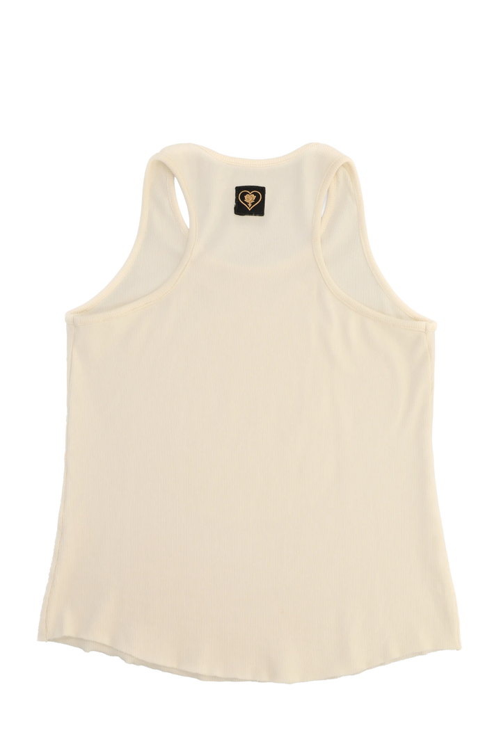 Beige tank top with a brand logo on a white background