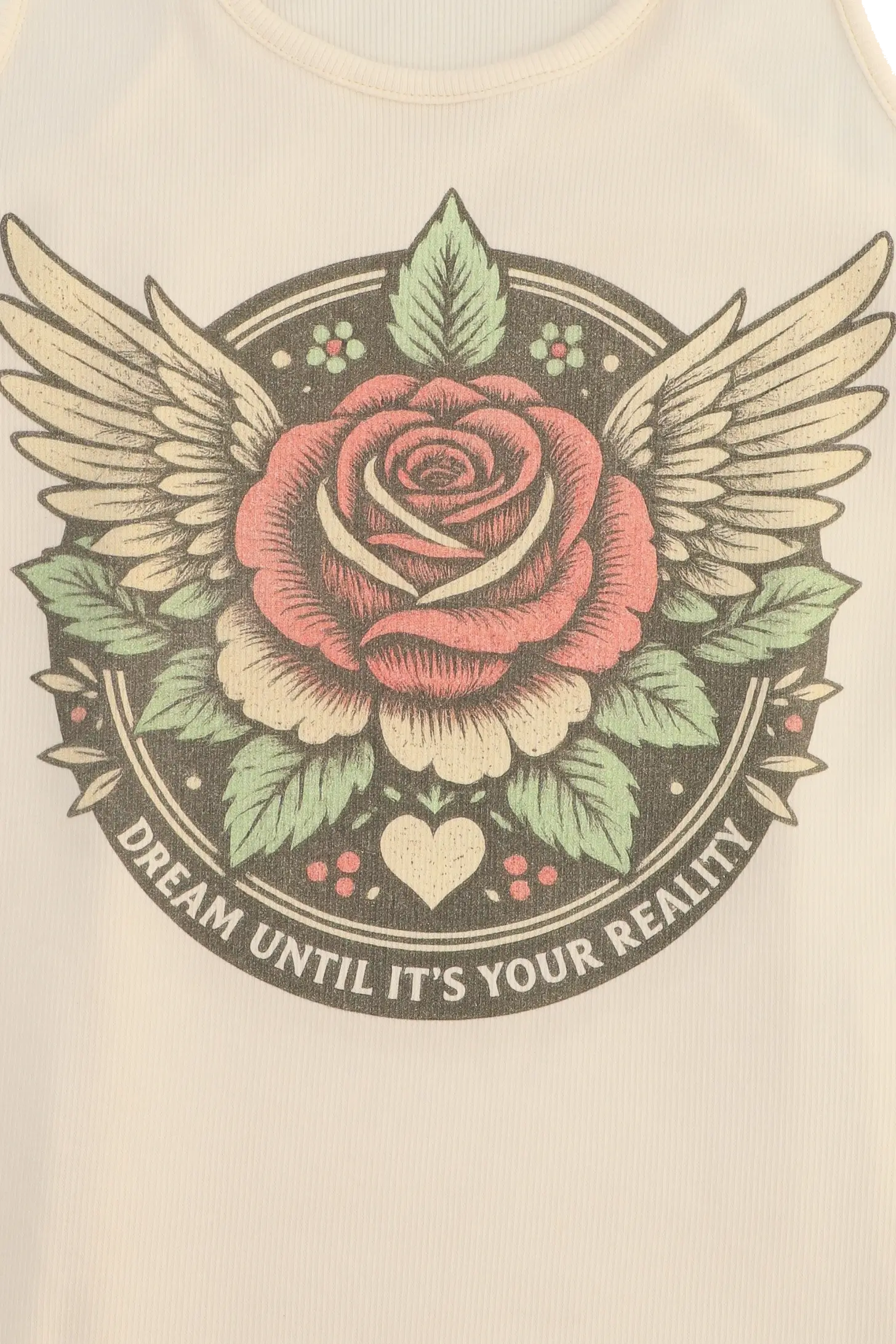 Rose with wings and leaves on a beige background with text 'Dream until it's your reality'.