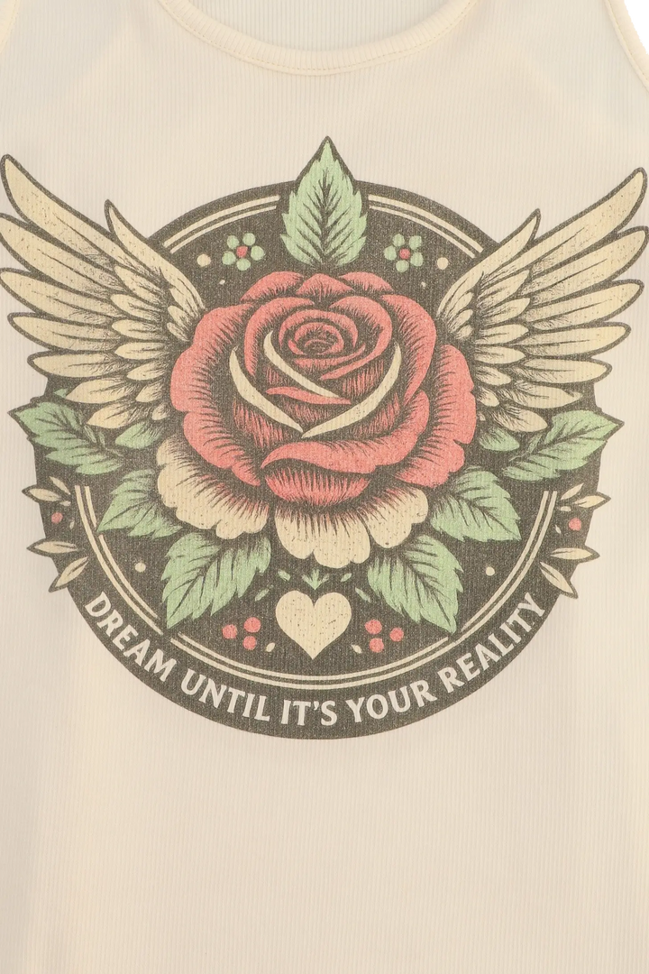 Rose with wings and leaves on a beige background with text 'Dream until it's your reality'.