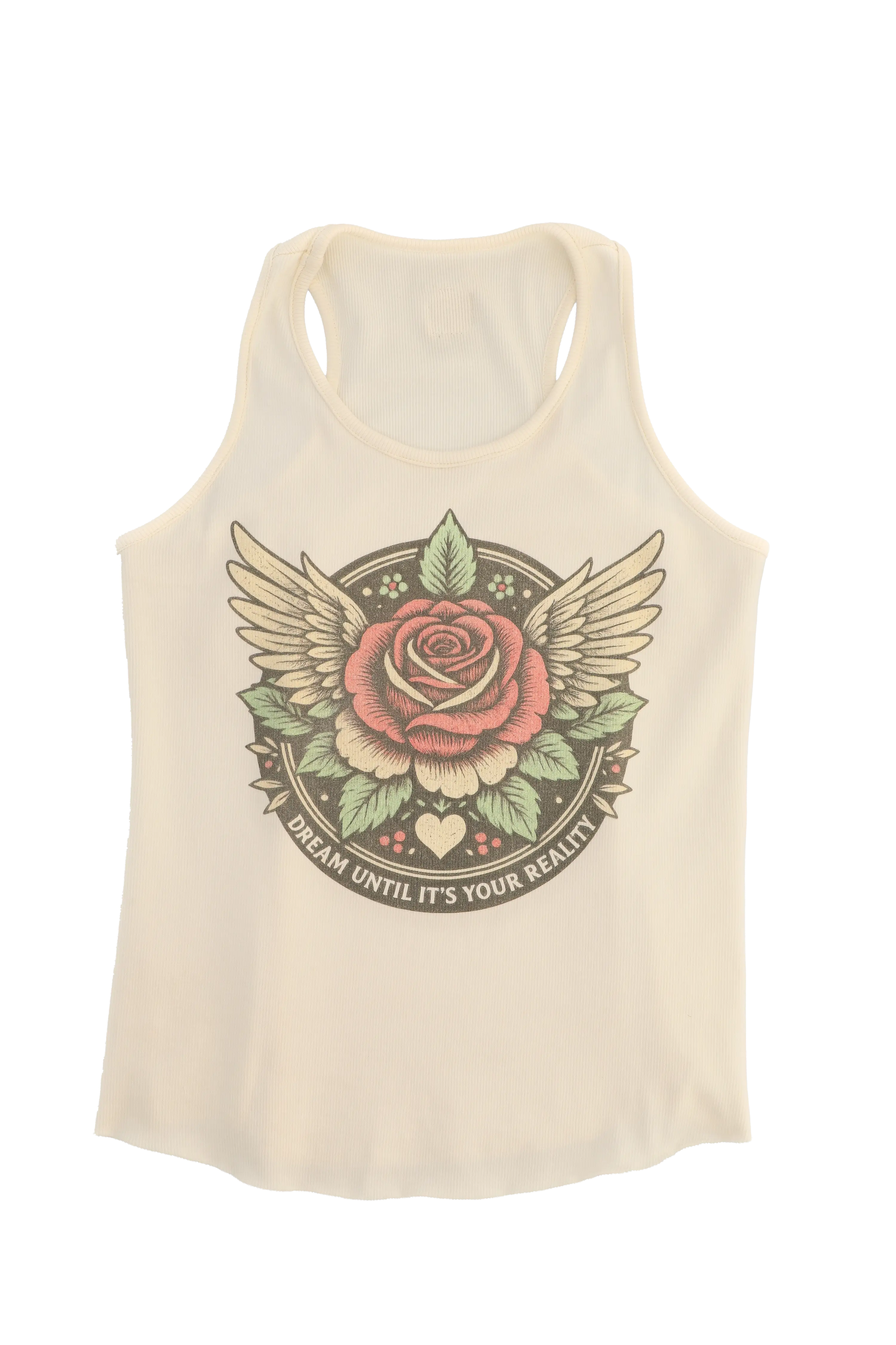 Beige tank top with a rose and wings design on a white background