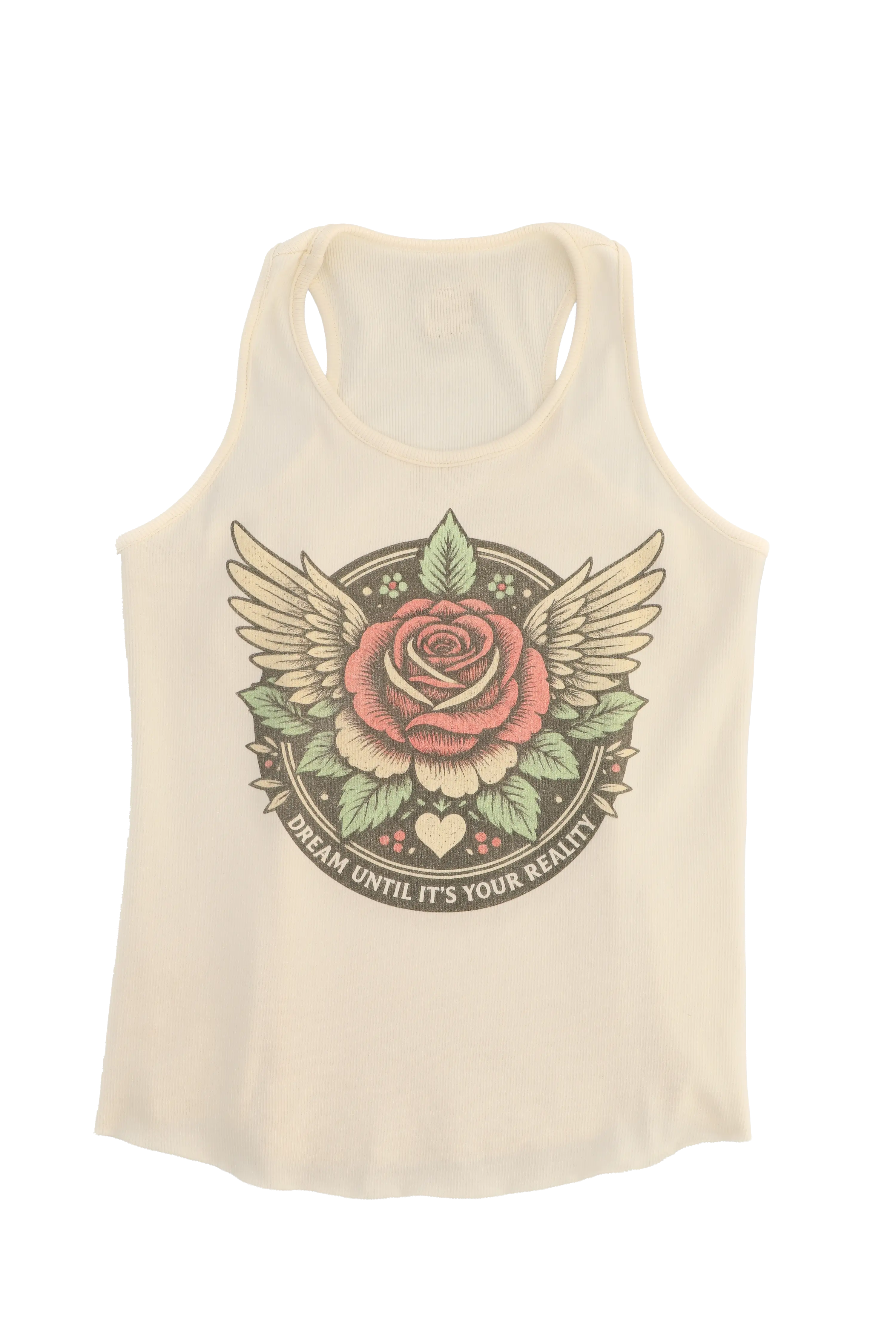 Beige tank top with a rose and wings design on a white background