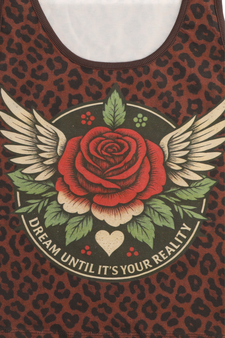 Tank top with red rose design and text on a leopard print background
