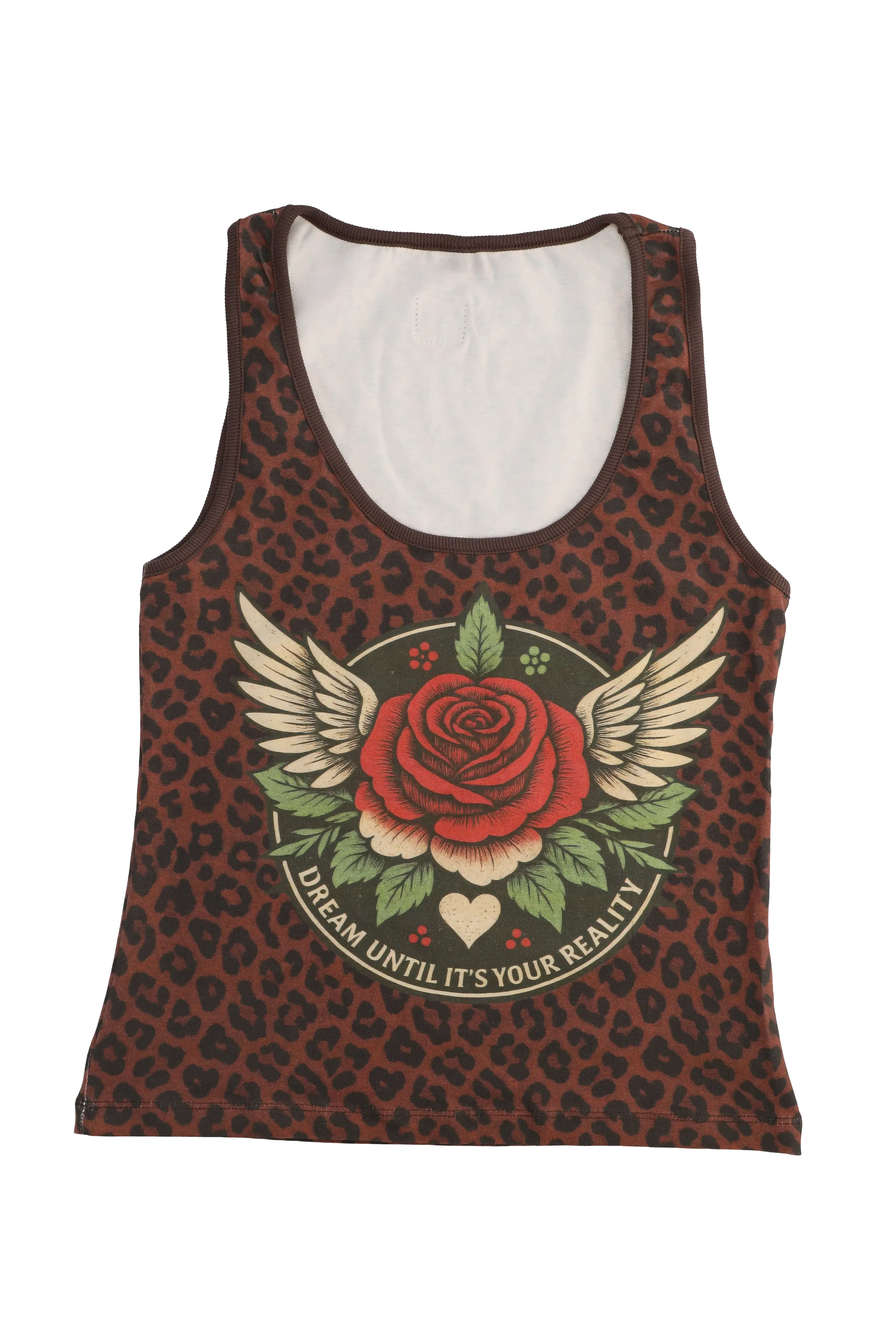 Tank top with a red rose and wings design on a leopard print background