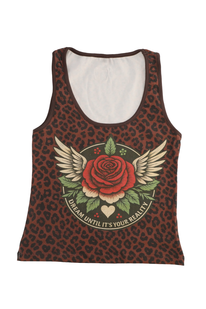 Tank top with a red rose and wings design on a leopard print background