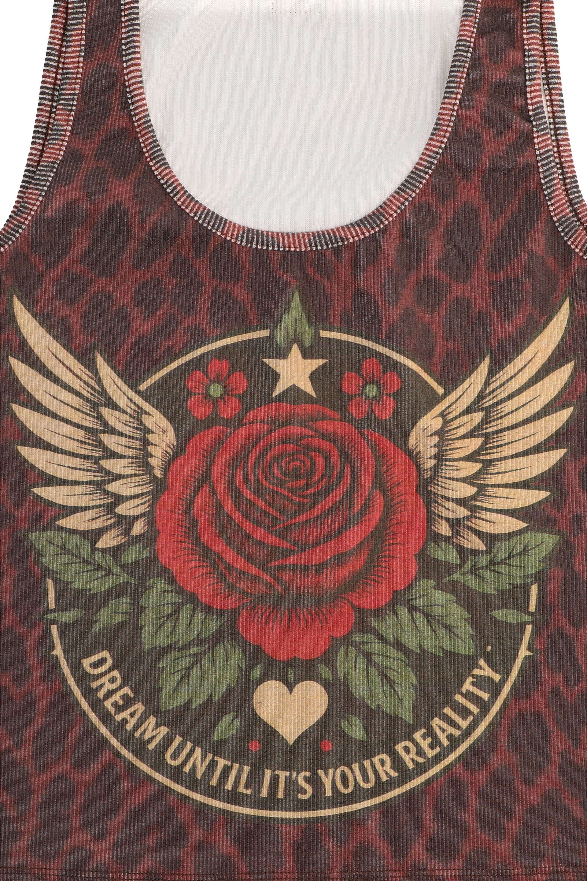Tank top with red rose and wings design on a patterned background
