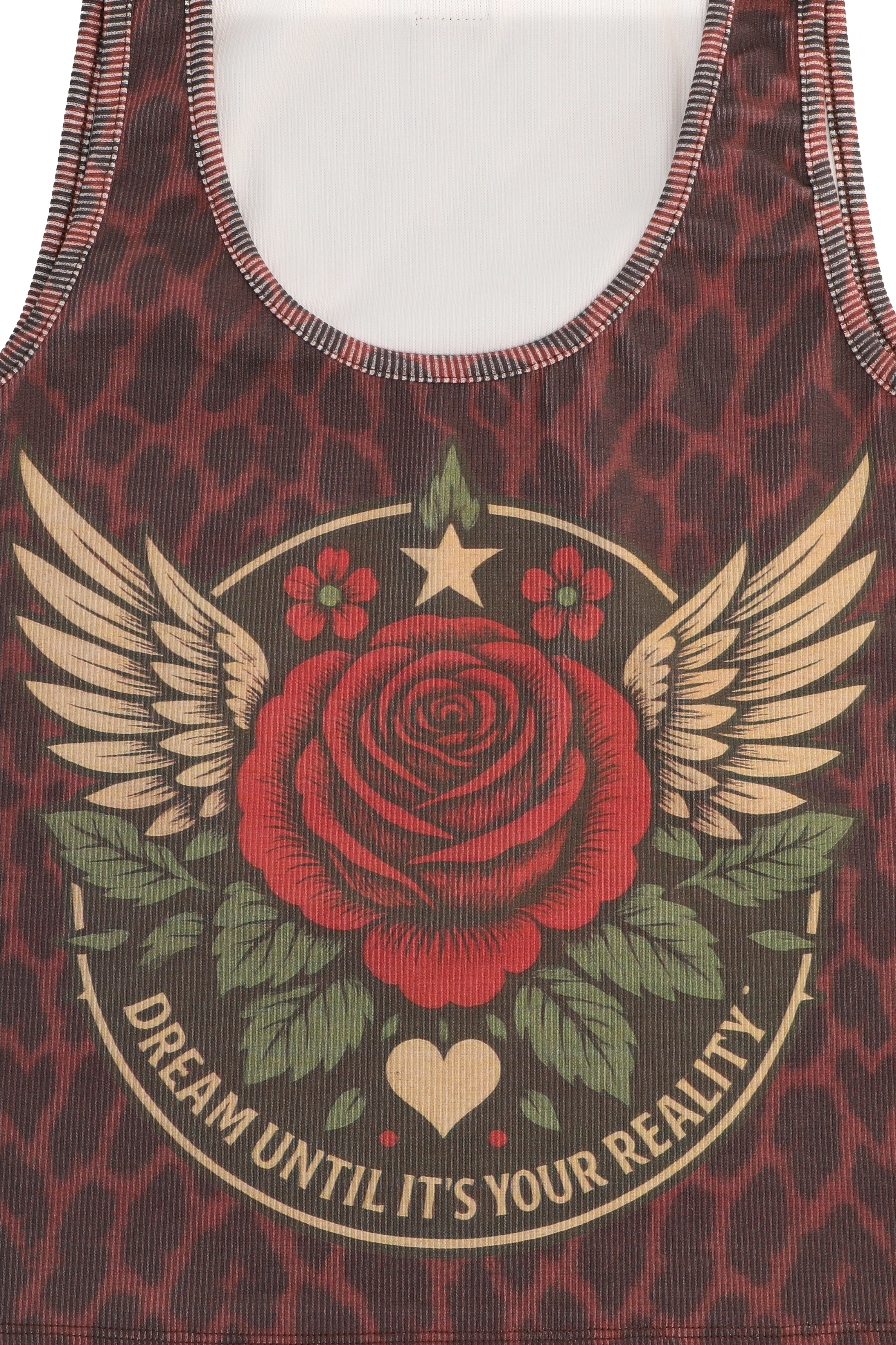 Tank top with red rose and wings design on a patterned background