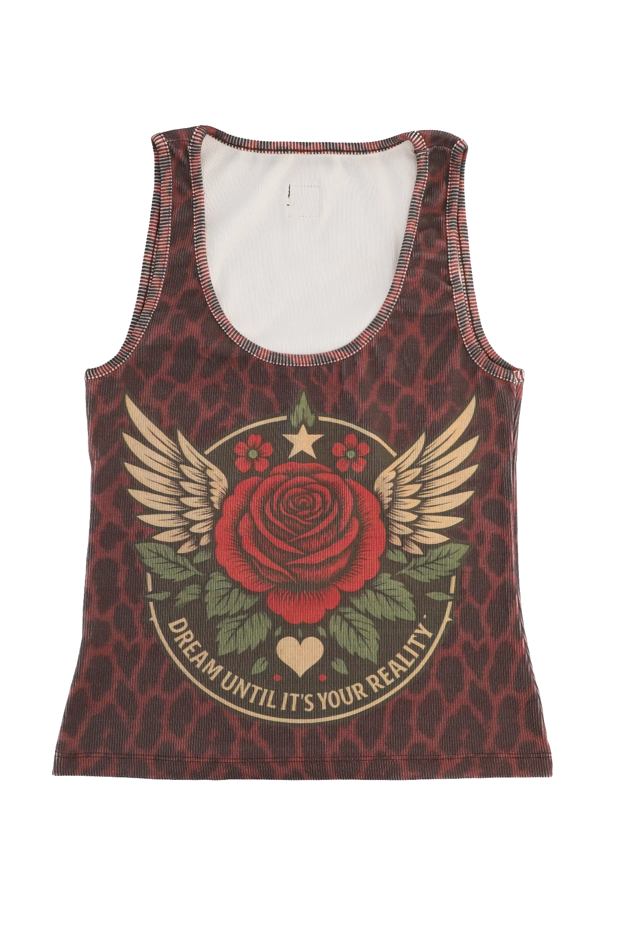 Tank top with red rose design and text on a white background