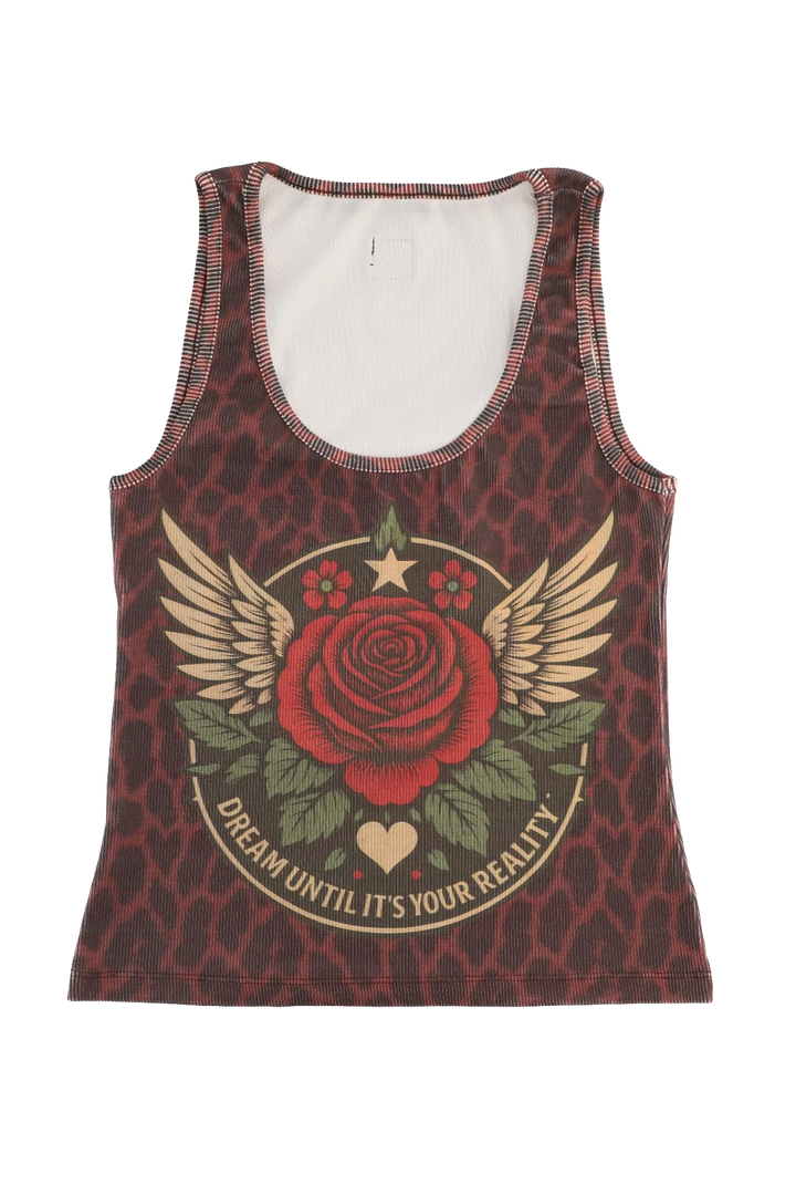 Tank top with red rose design and text on a white background