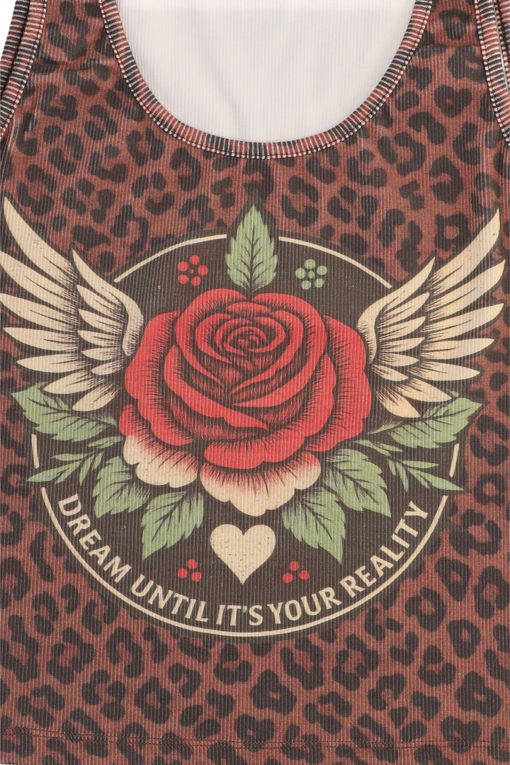 Leopard print tank top with a rose and wings design and text 'Dream until it's your reality'.