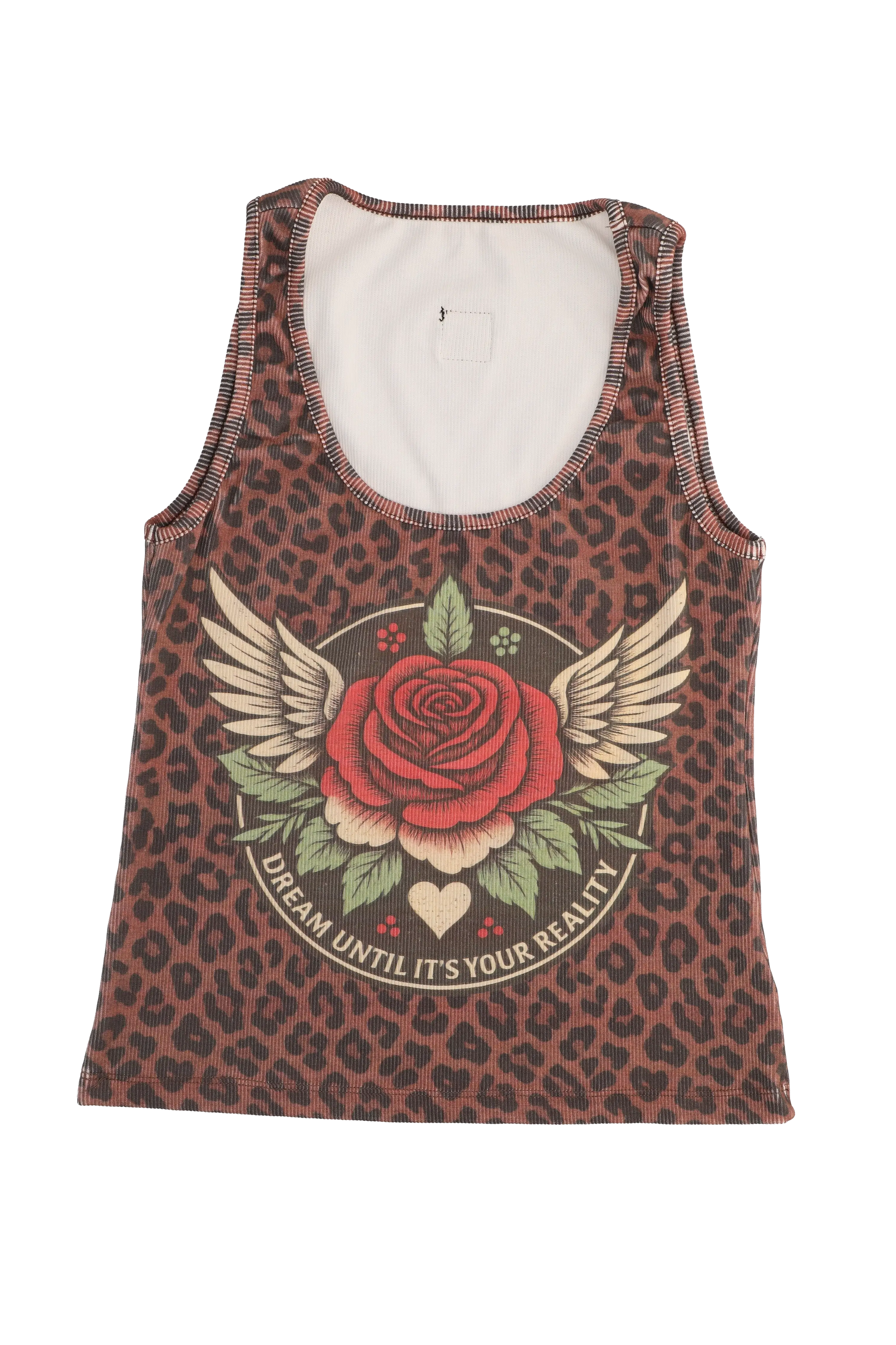 Tank top with leopard print and rose graphic design on a white background