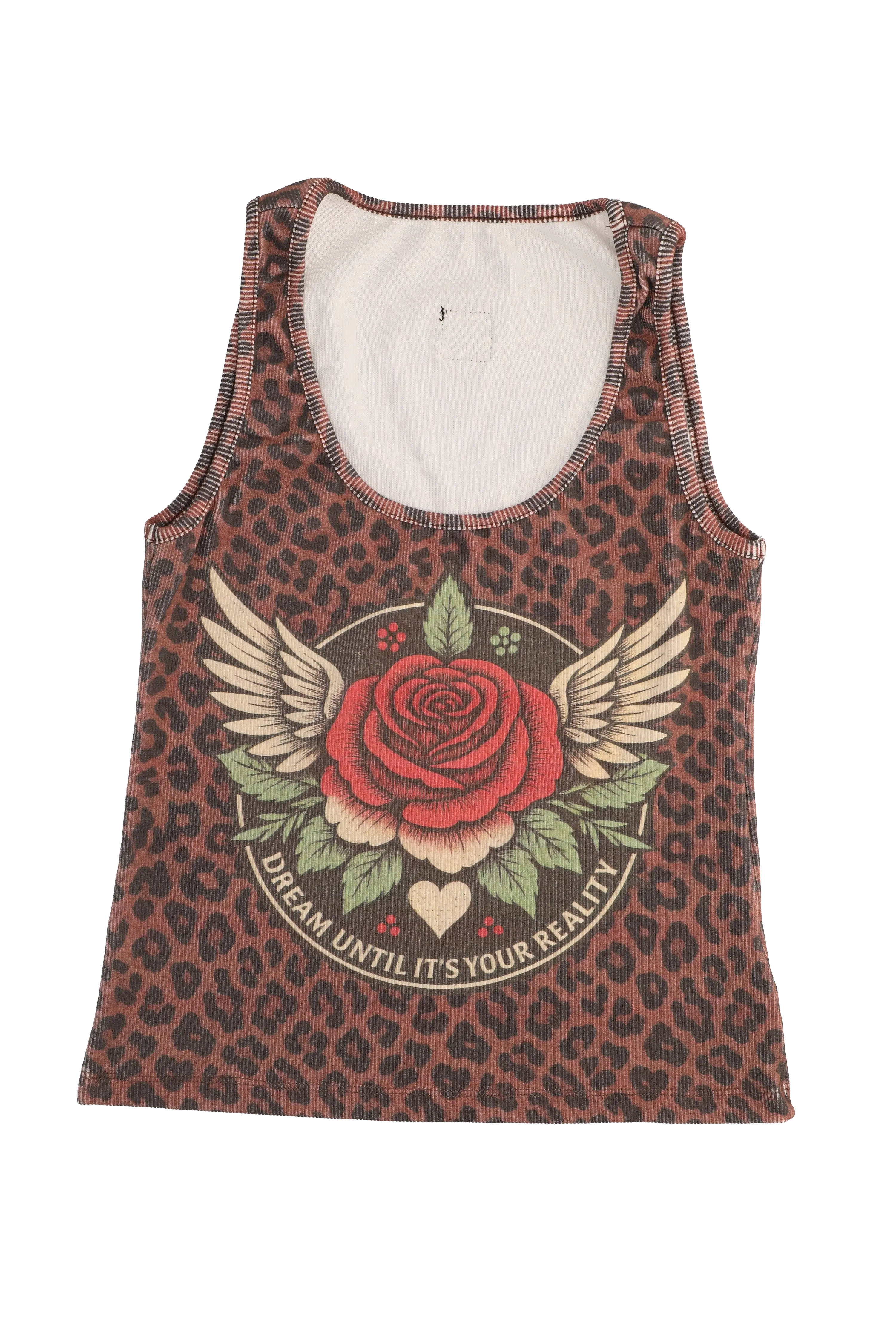 Tank top with leopard print and rose graphic design on a white background