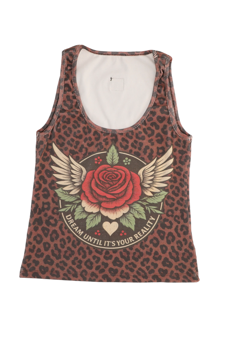 Tank top with leopard print and rose graphic design on a white background