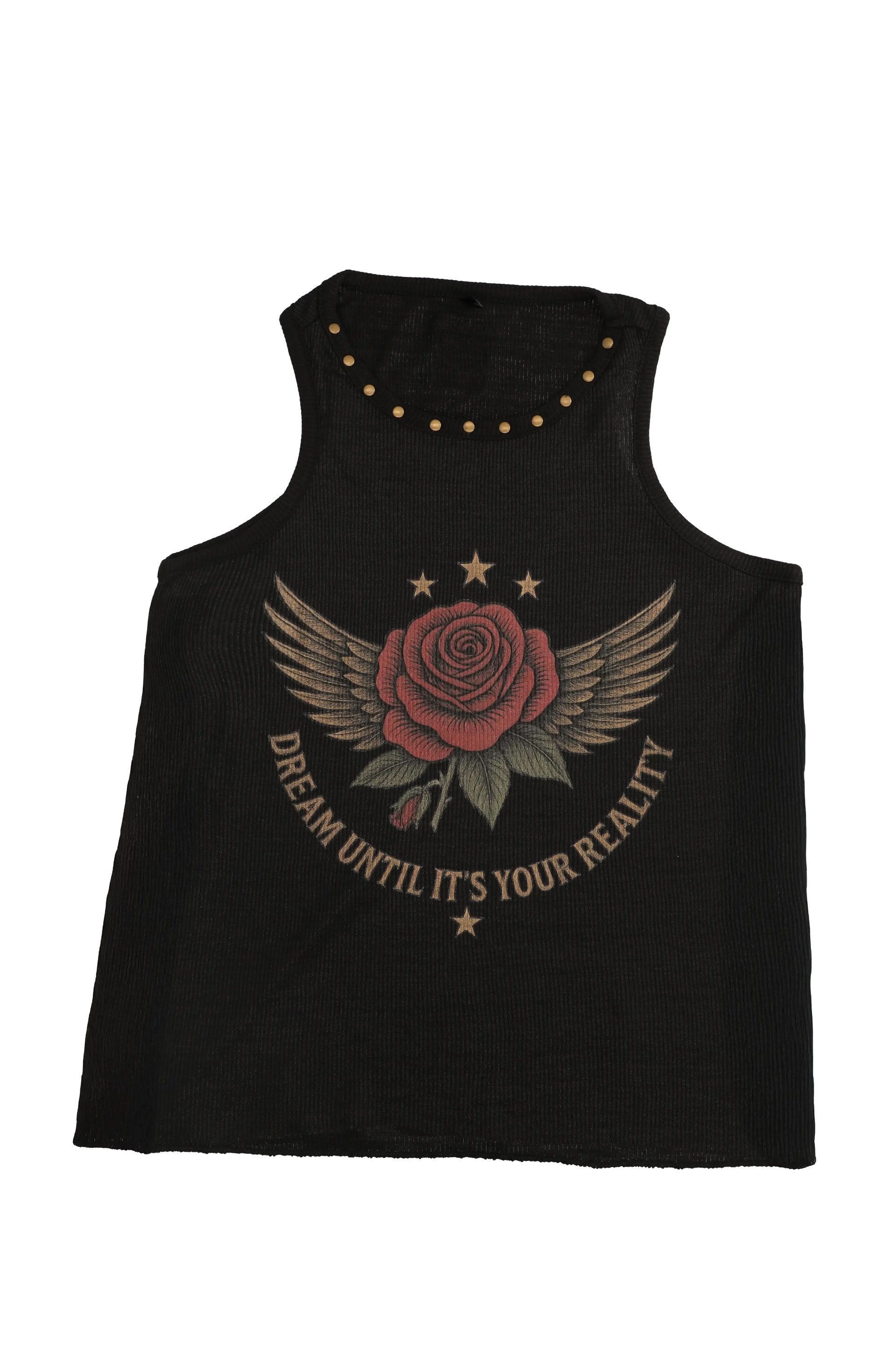 Black tank top with rose and wings design and text on a white background