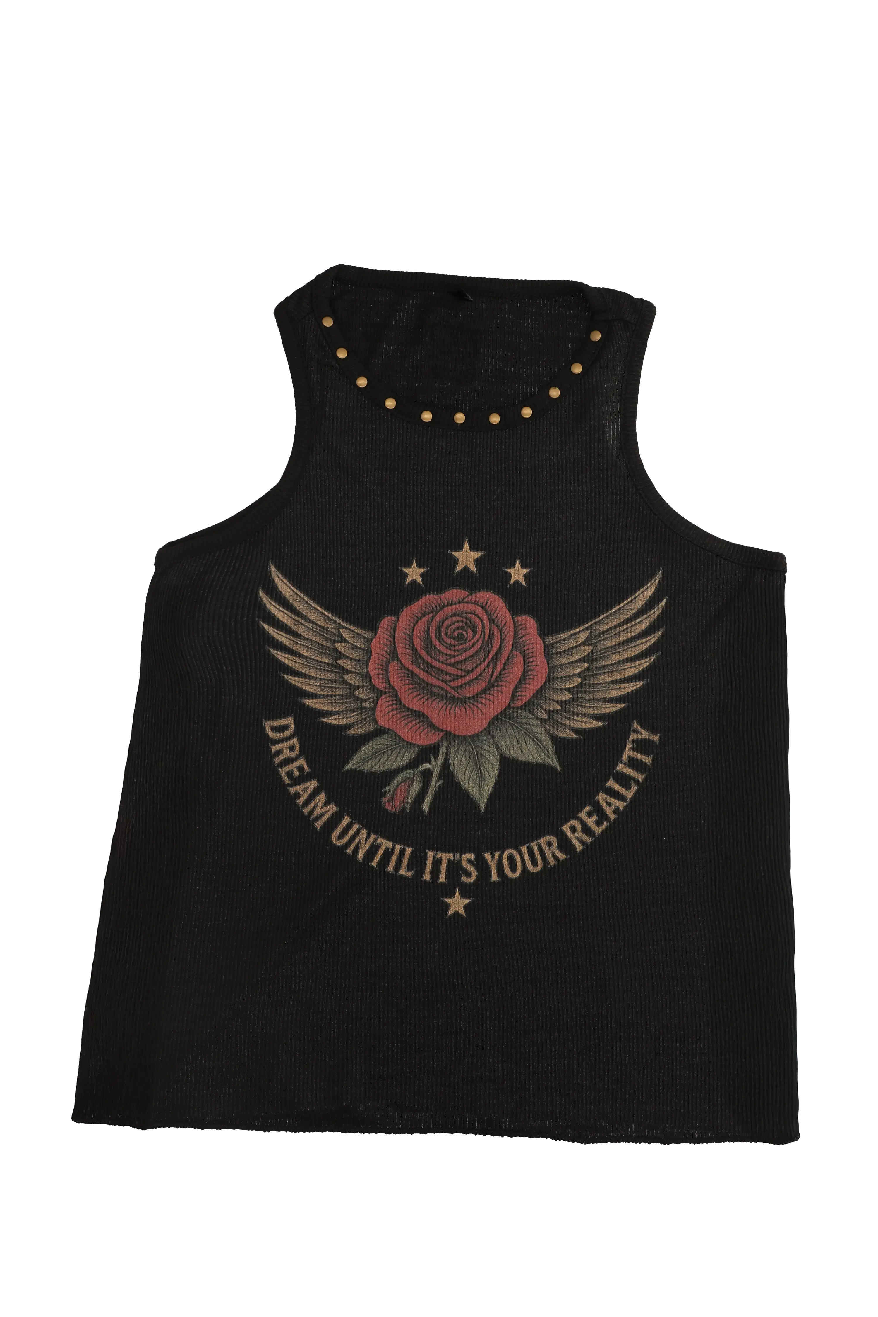 Black tank top with rose and wings design and text on a white background