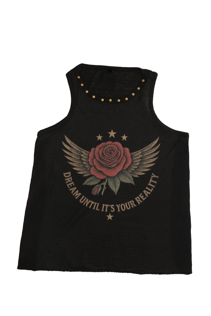 Black tank top with rose and wings design and text on a white background