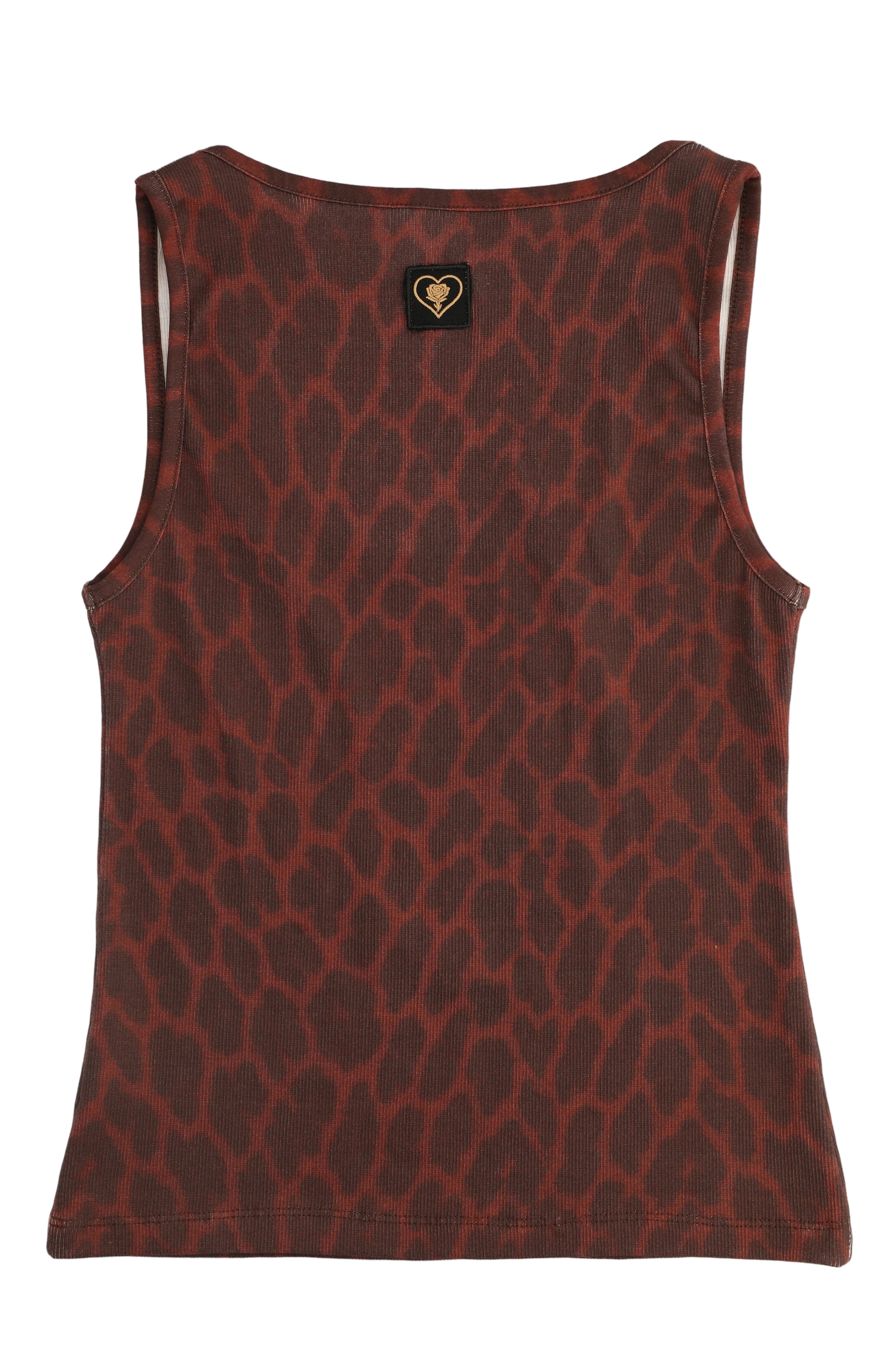 Red leopard print tank top with a brand logo on a white background