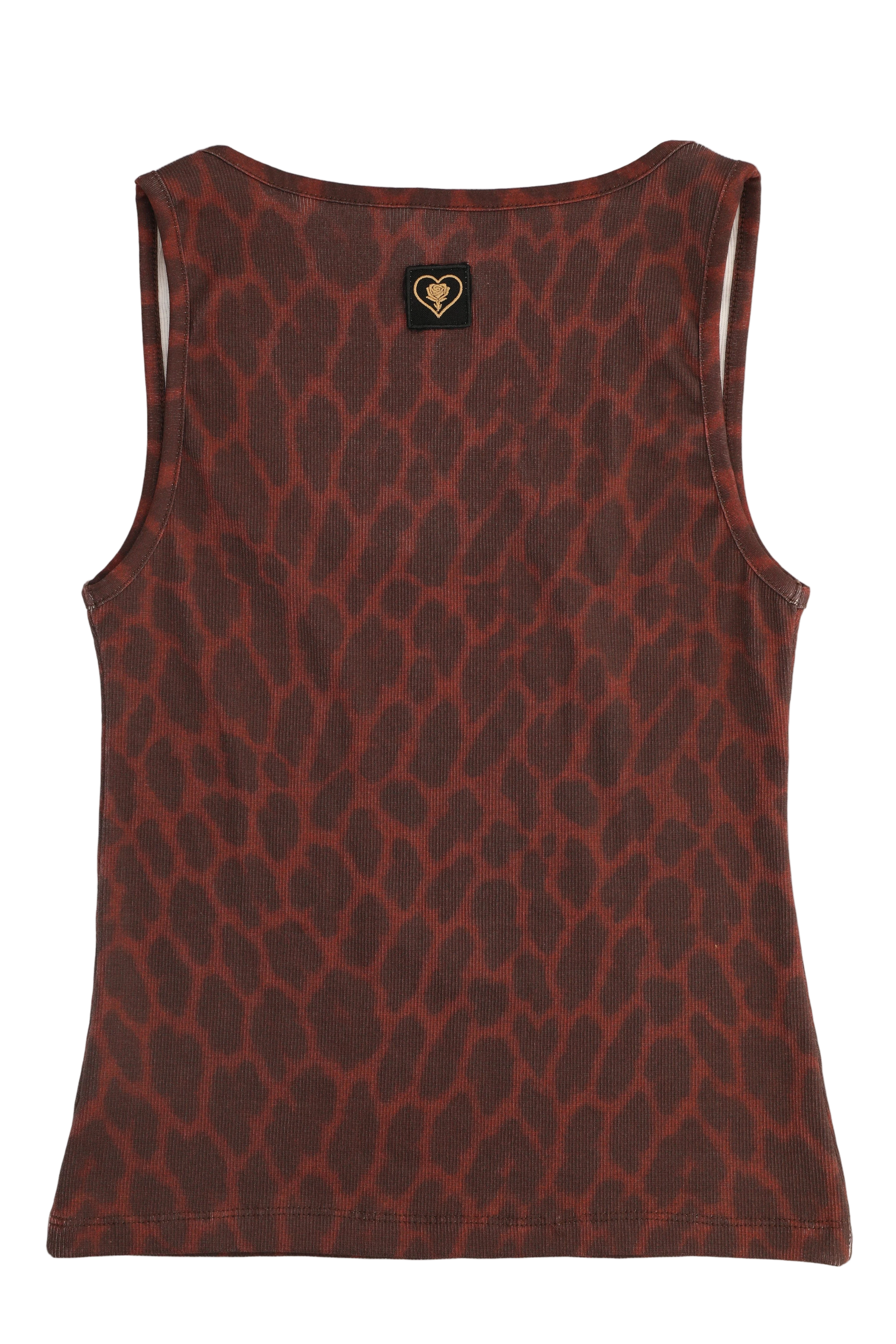 Red leopard print tank top with a brand logo on a white background