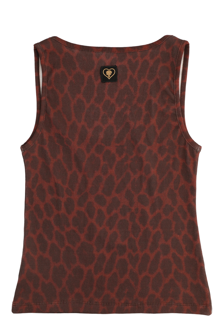Red leopard print tank top with a brand logo on a white background