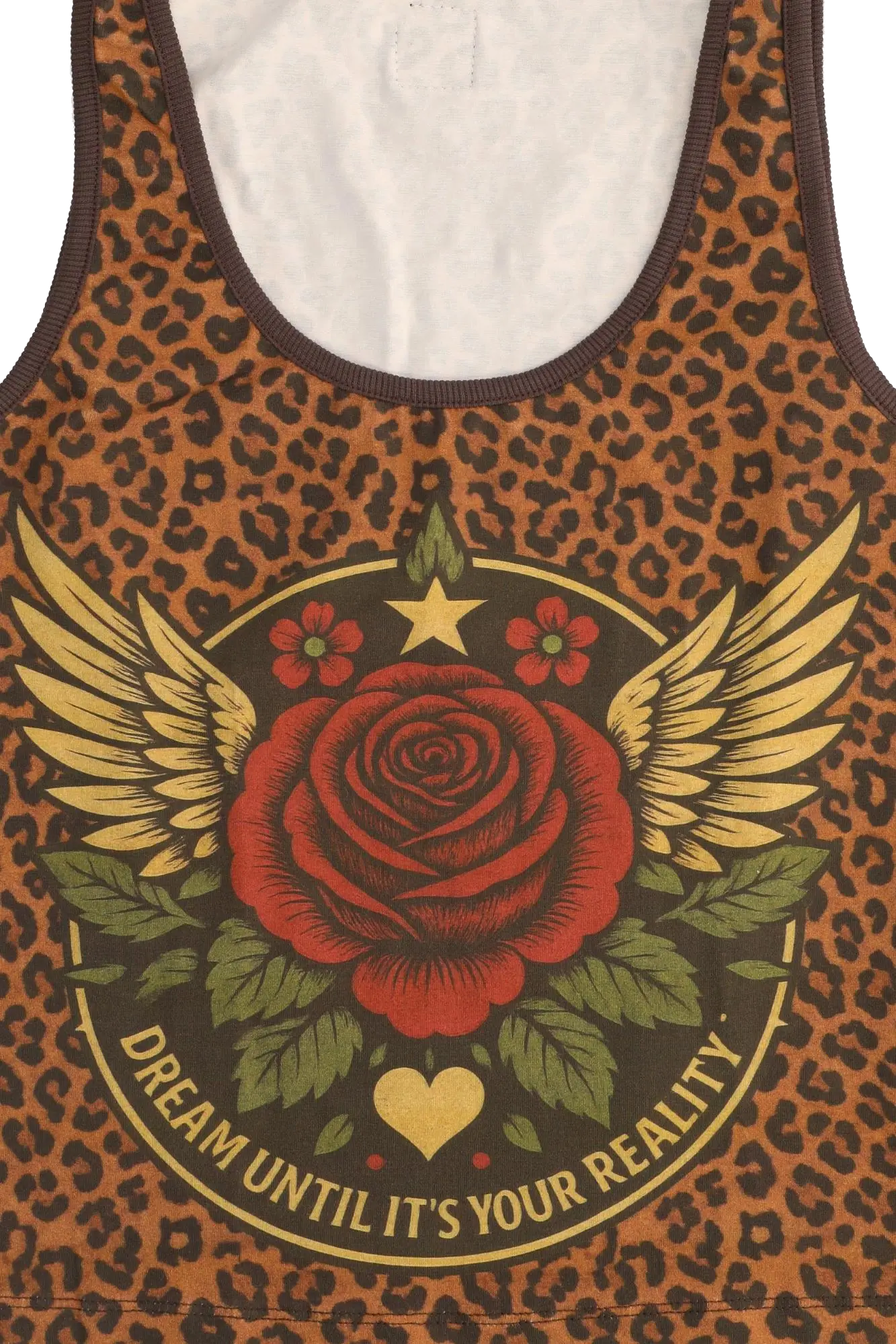Leopard print tank top with a red rose design and motivational text on a white background