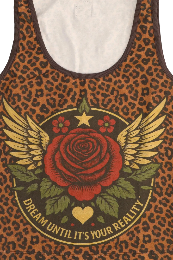 Leopard print tank top with a red rose design and motivational text on a white background