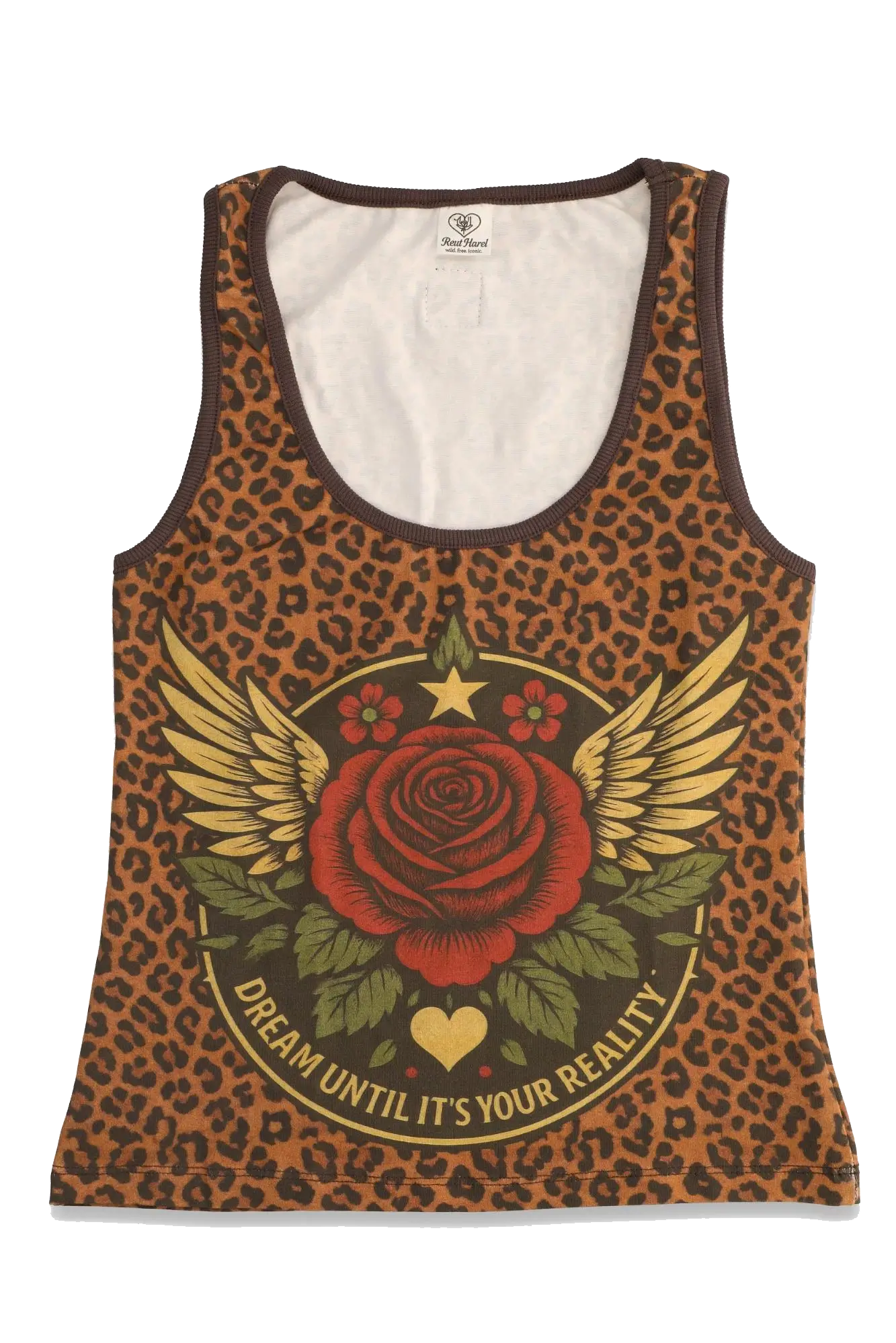 Tank top with leopard print pattern and red rose design on a white background