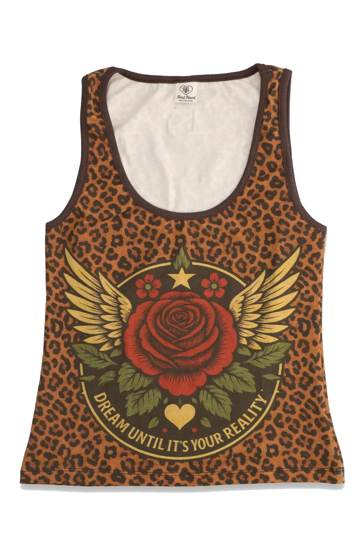 Tank top with leopard print pattern and red rose design on a white background