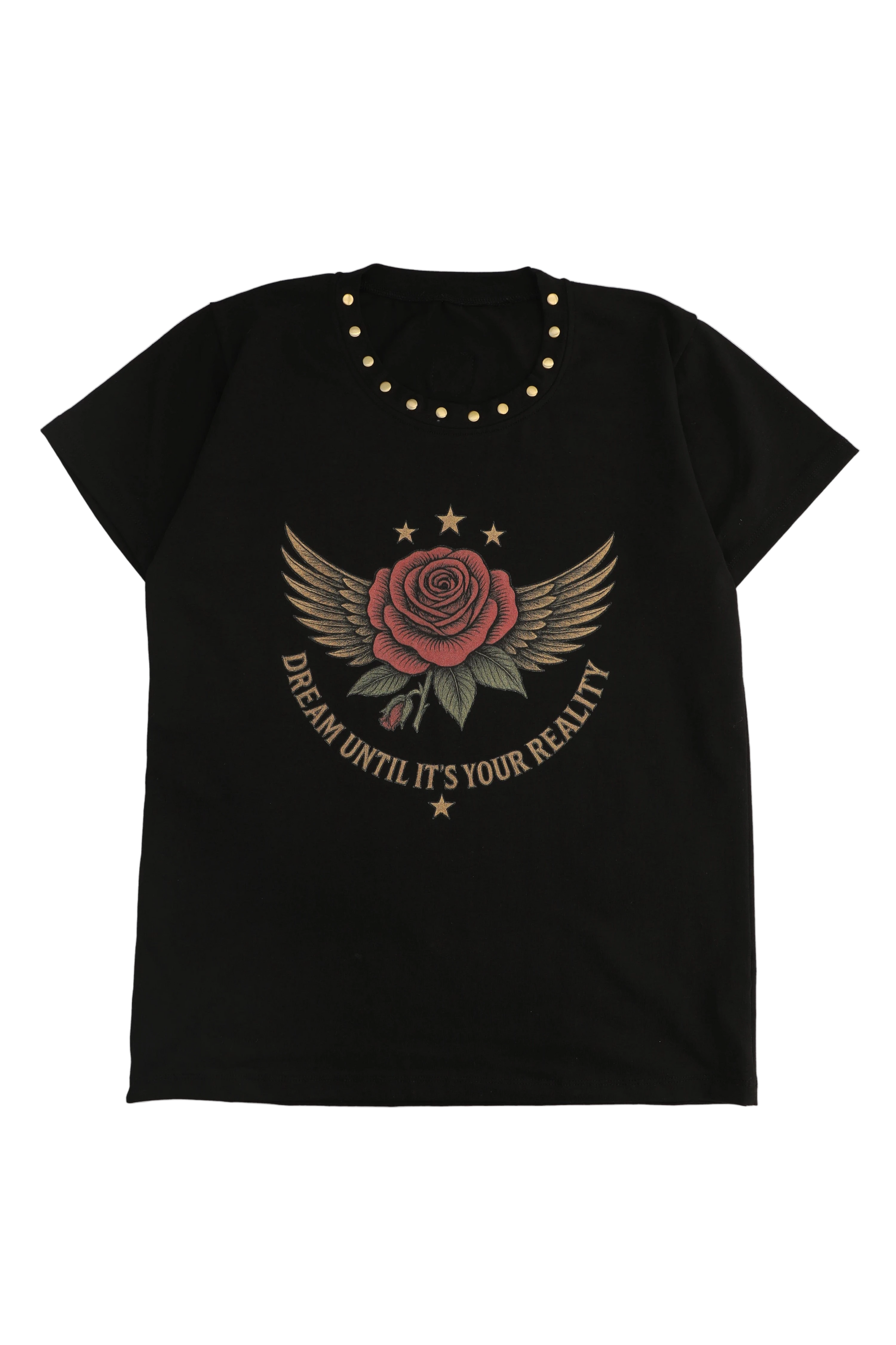Black t-shirt with a rose and wings graphic and text on a white background