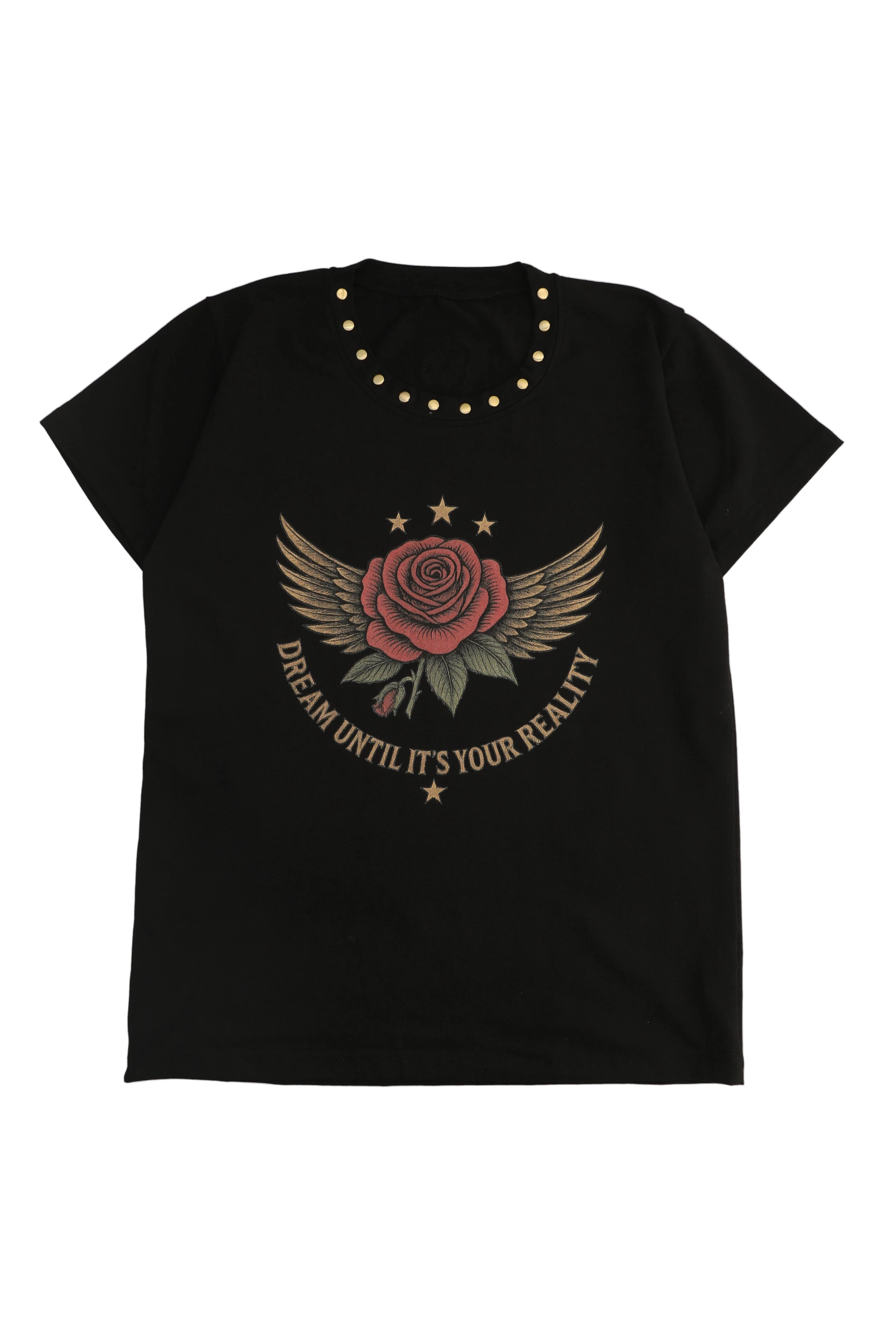 Black t-shirt with a rose and wings graphic and text on a white background